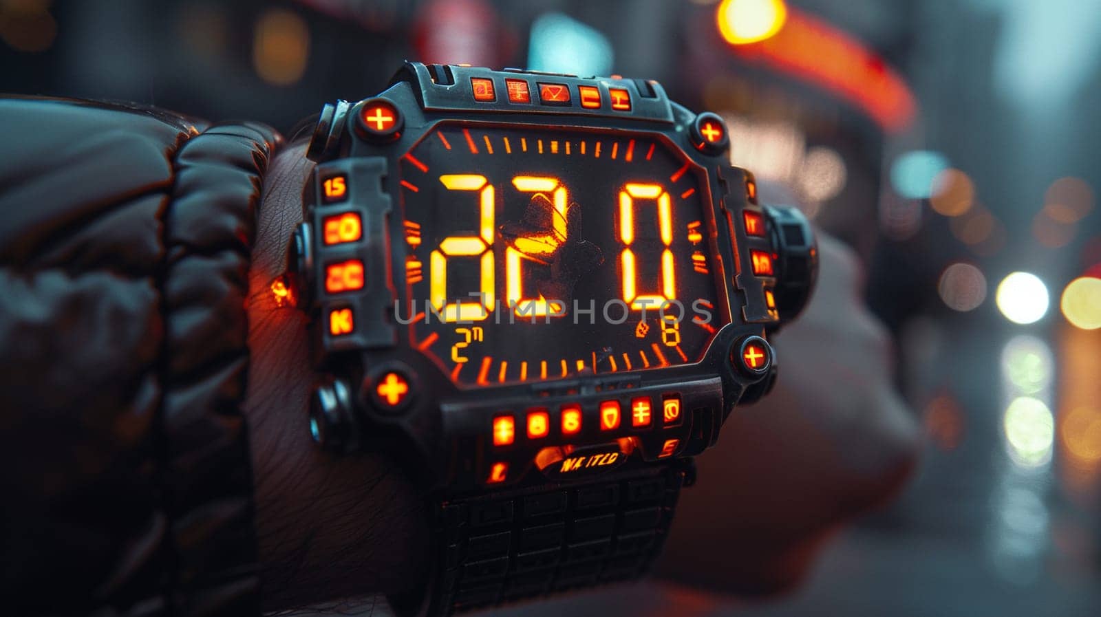 Retro Digital Watch Face with Pixelated Time Display, The numbers blur into digital segments, a throwback to first-generation wearable tech.