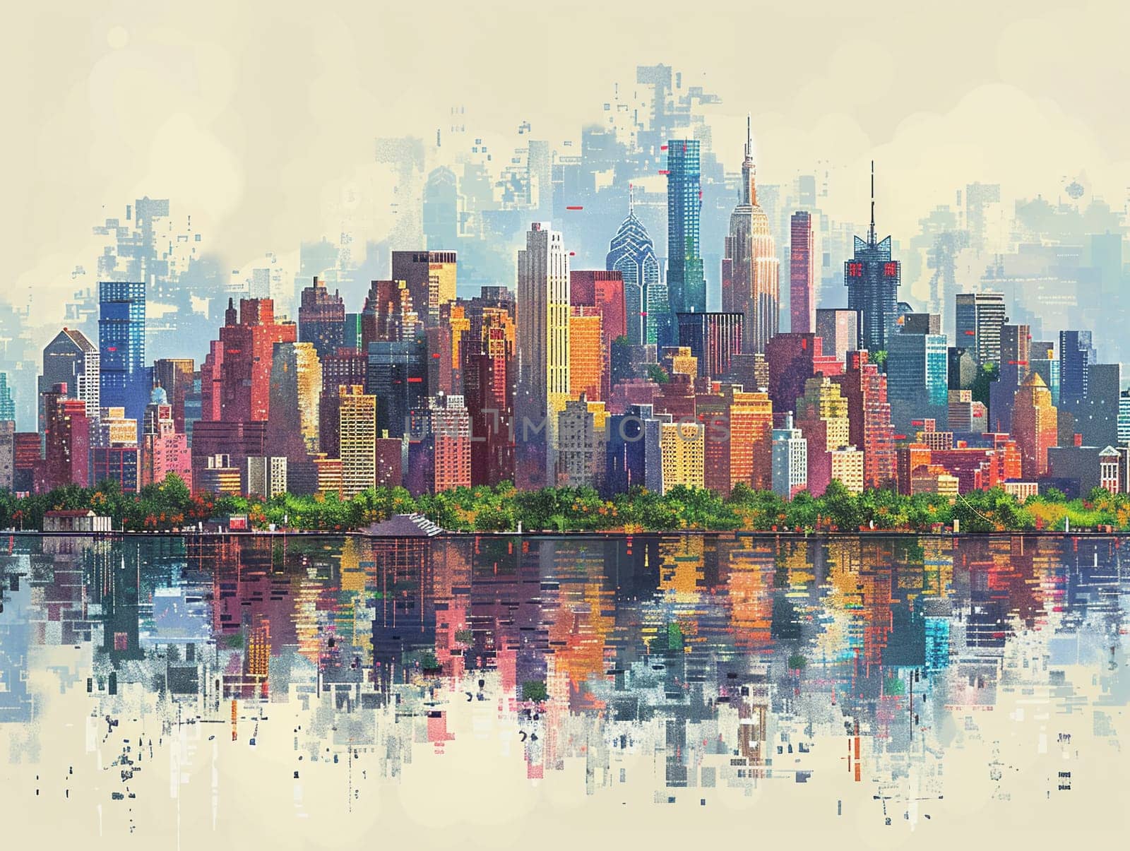 Pixelated Urban Skyline Evoking Retro Video Games, A cityscape rendered in blocky squares blurs the lines between modern skylines and digital art.