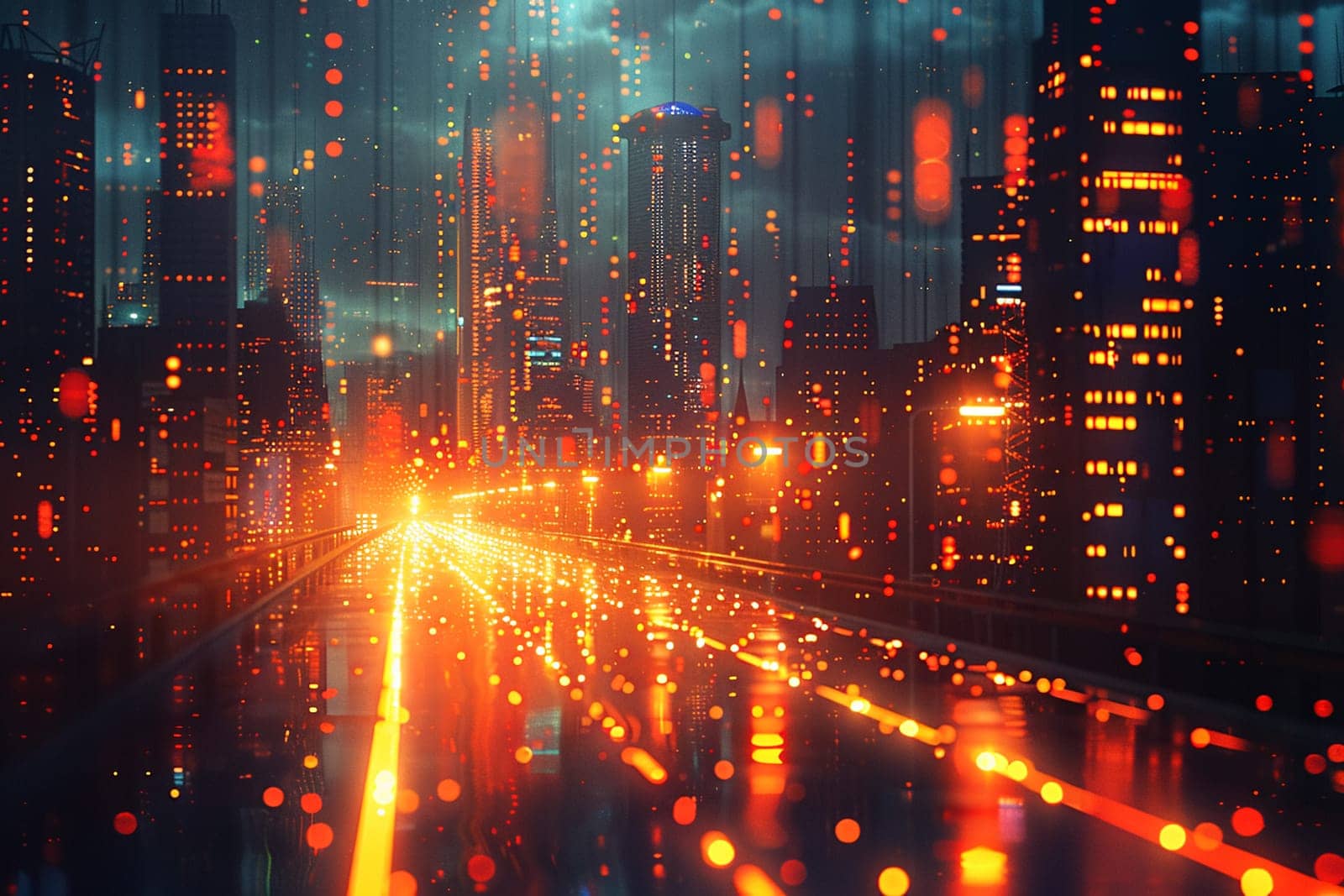 Futuristic City Map with Pixelated Traffic Flow, A digital grid blurs with moving dots, simulating the pulse of urban movement.
