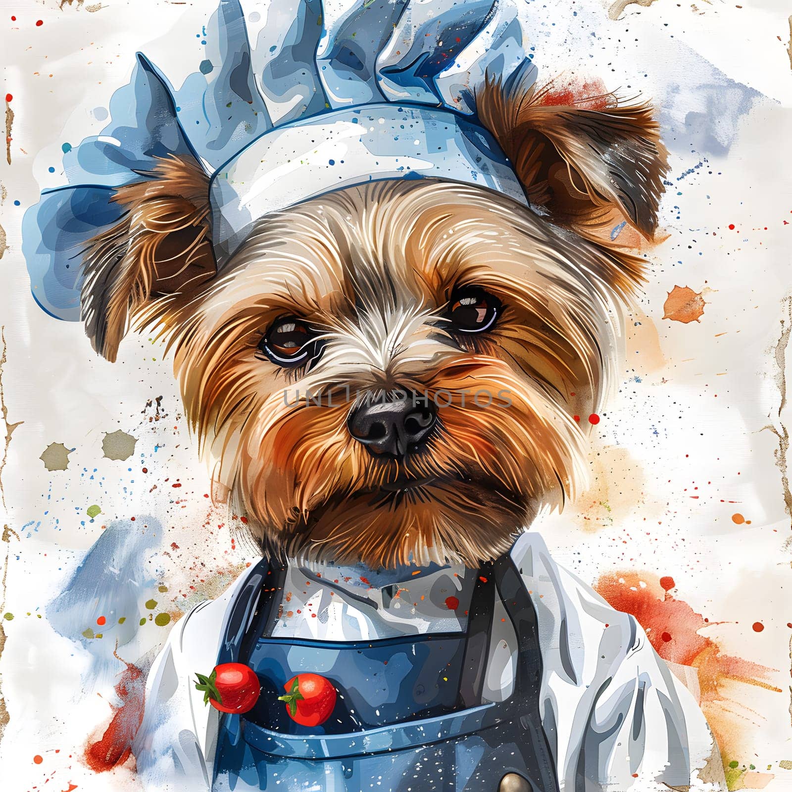 A Yorkshire Terrier, a small dog breed known for its livercolored coat, is dressed in a chefs hat and apron, showcasing its role as a companion dog with a working animal spirit