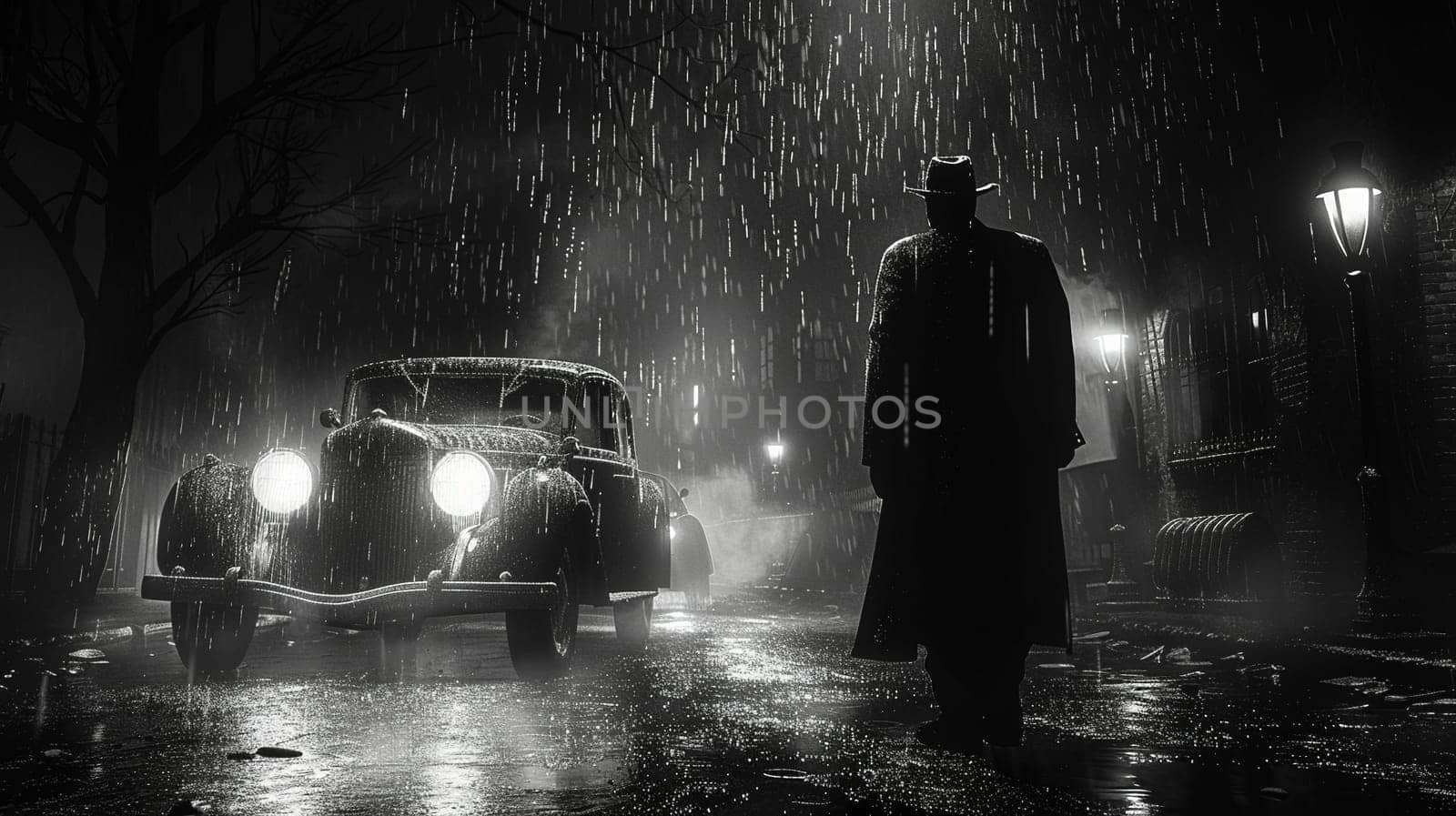 Monochrome Pixelation of a Mysterious Noir Scene, A vintage detective scene blurs into stark black and white pixels, evoking old cinema.