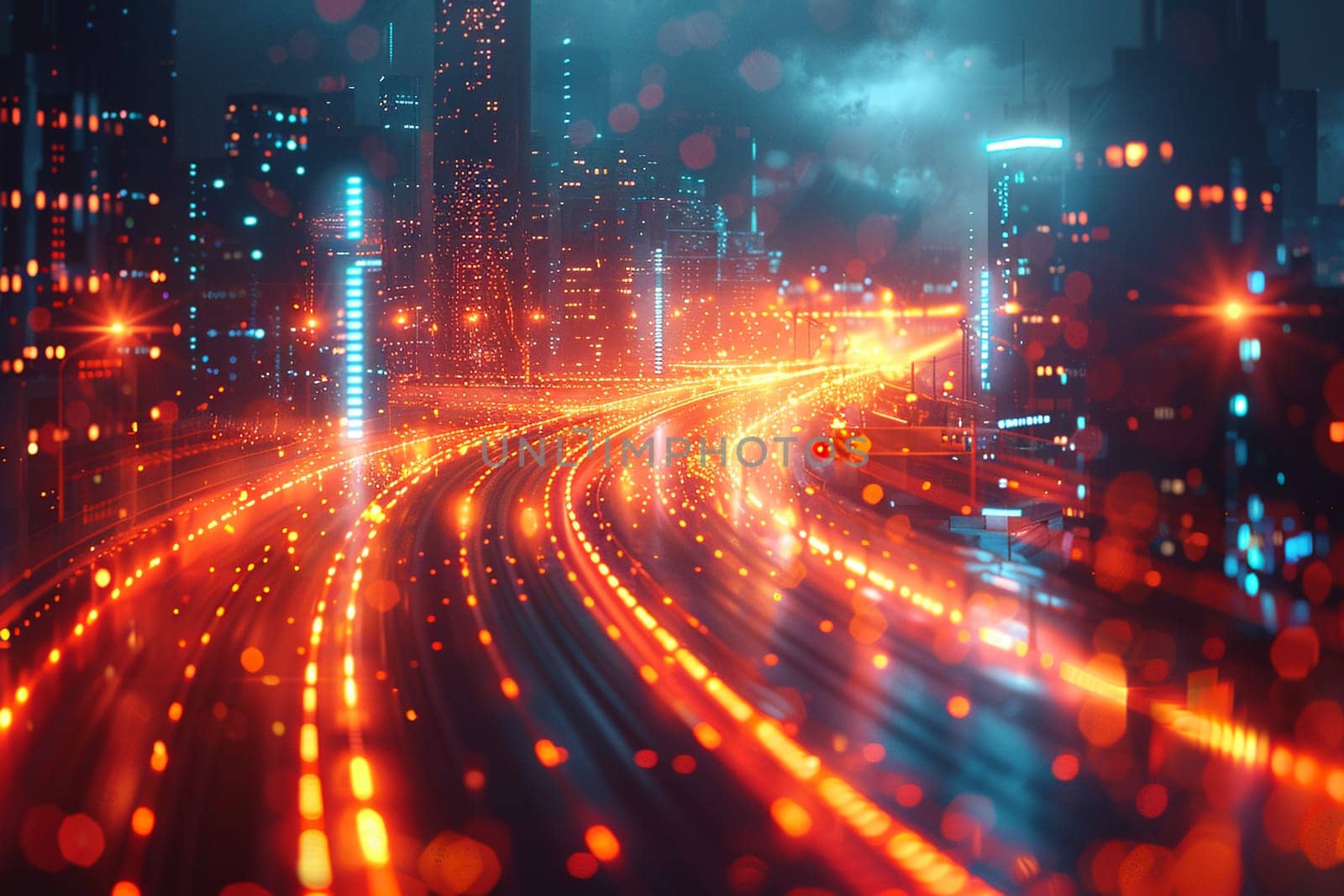 Futuristic City Map with Pixelated Traffic Flow A digital grid blurs with moving dots by Benzoix