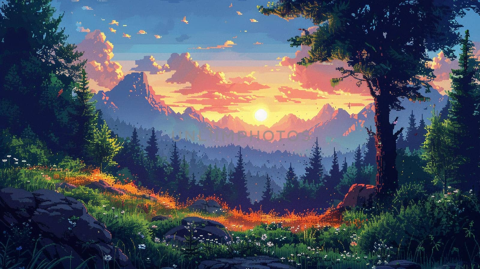 Pixelated Forest Landscape for an Indie Game Scene Trees and wildlife reduce to squares by Benzoix