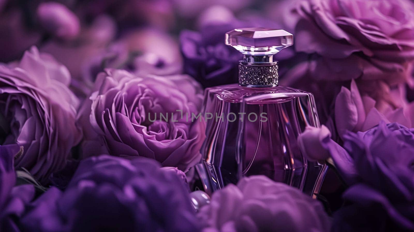 Perfume bottle in flowers, fragrance on blooming background, floral scent and cosmetic product idea