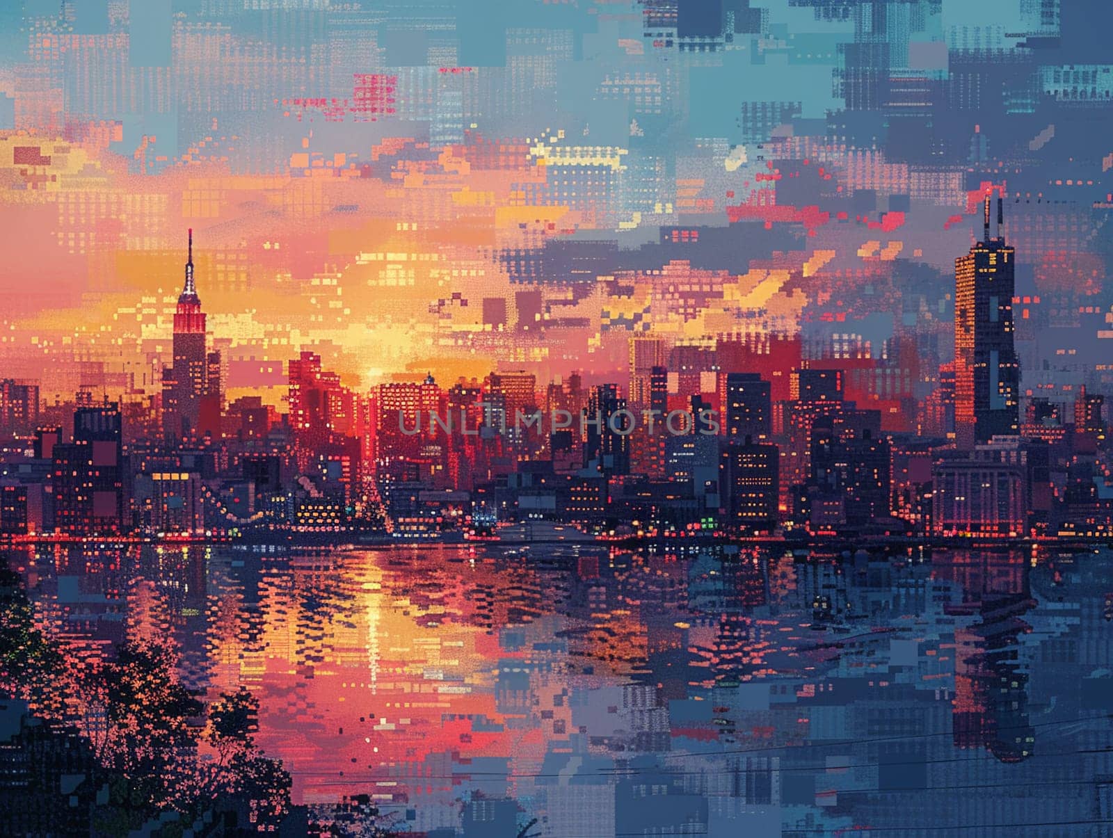 Pixelated Urban Skyline Evoking Retro Video Games by Benzoix