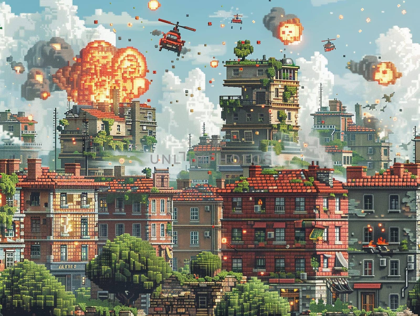 Vintage Video Game Battle Scene in Pixel Art Heroes and villains blur into a clash of tiny squares by Benzoix