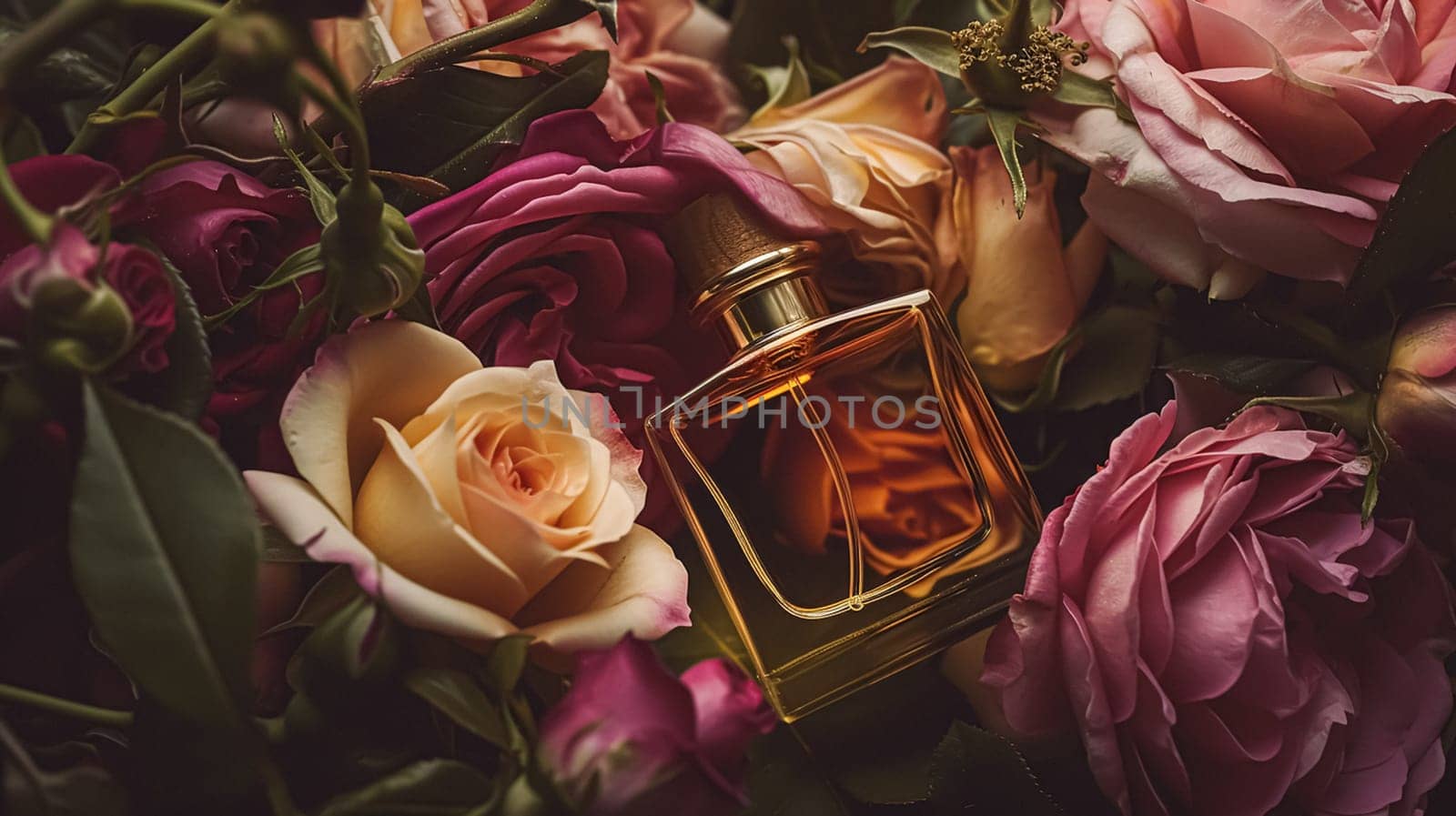 Perfume bottle in flowers, fragrance on blooming background, floral scent and cosmetic product idea