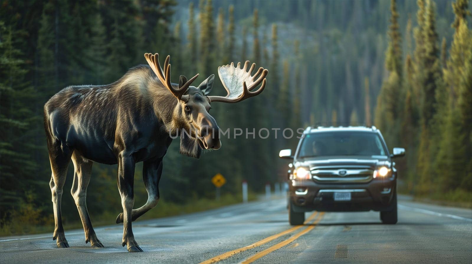 Moose Crossing Road in Front of Car by Sd28DimoN_1976