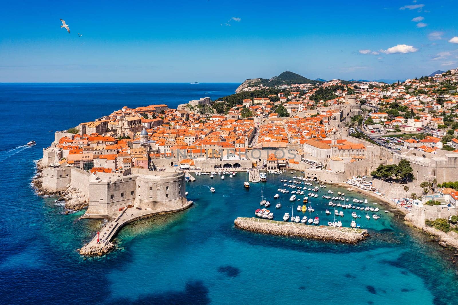 The aerial view of Dubrovnik, a city in southern Croatia fronting the Adriatic Sea, Europe. Old city center of famous town Dubrovnik, Croatia. Dubrovnik historic city of Croatia in Dalmatia. 