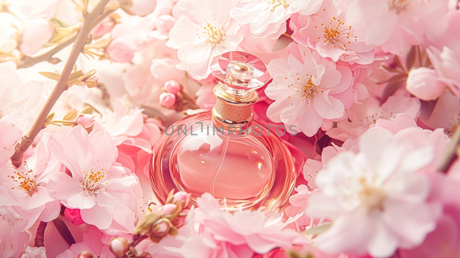 Perfume bottle in flowers, fragrance on blooming background, floral scent and cosmetic product by Anneleven