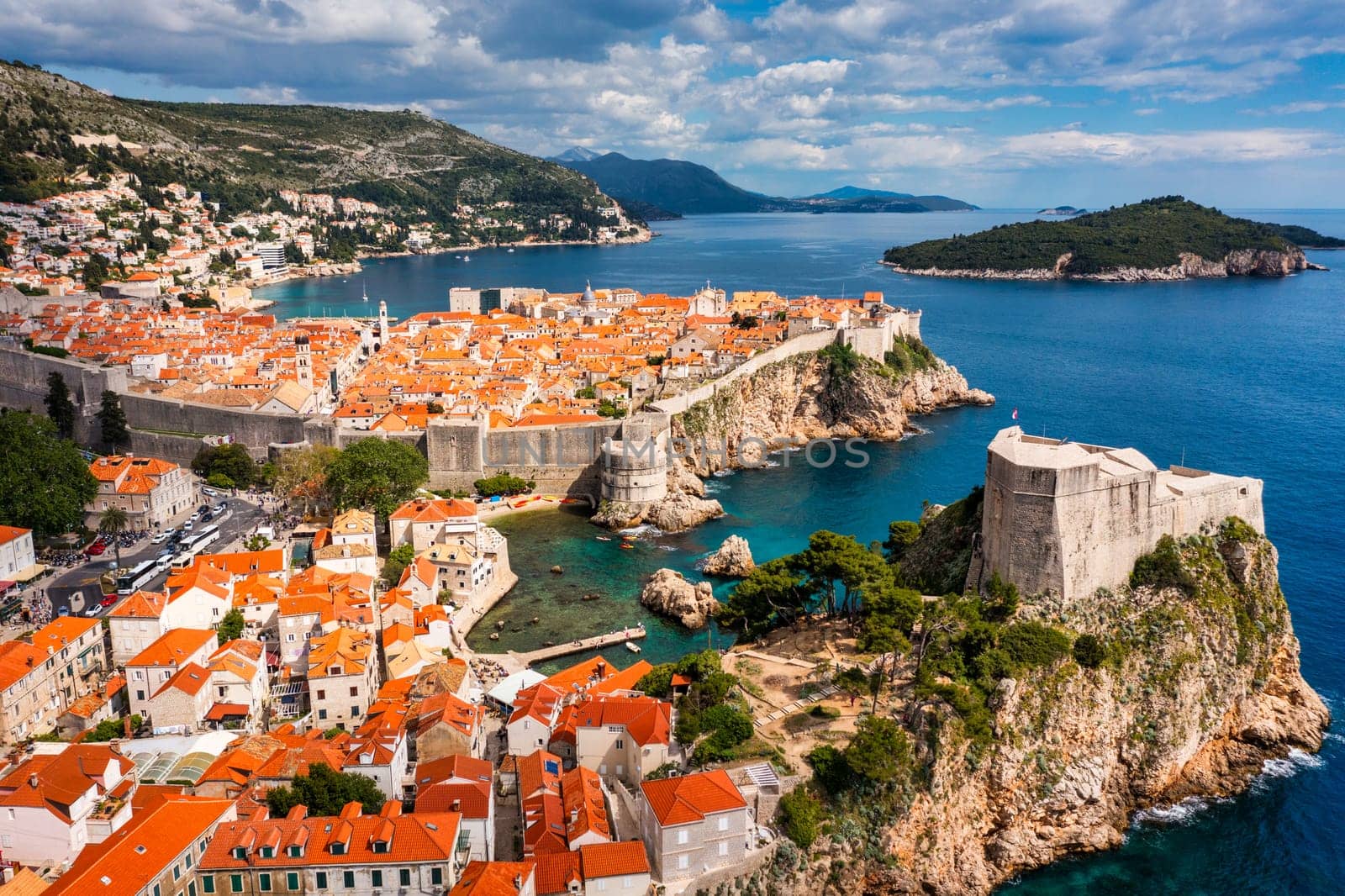 The aerial view of Dubrovnik, a city in southern Croatia fronting the Adriatic Sea, Europe. Old city center of famous town Dubrovnik, Croatia. Dubrovnik historic city of Croatia in Dalmatia. 