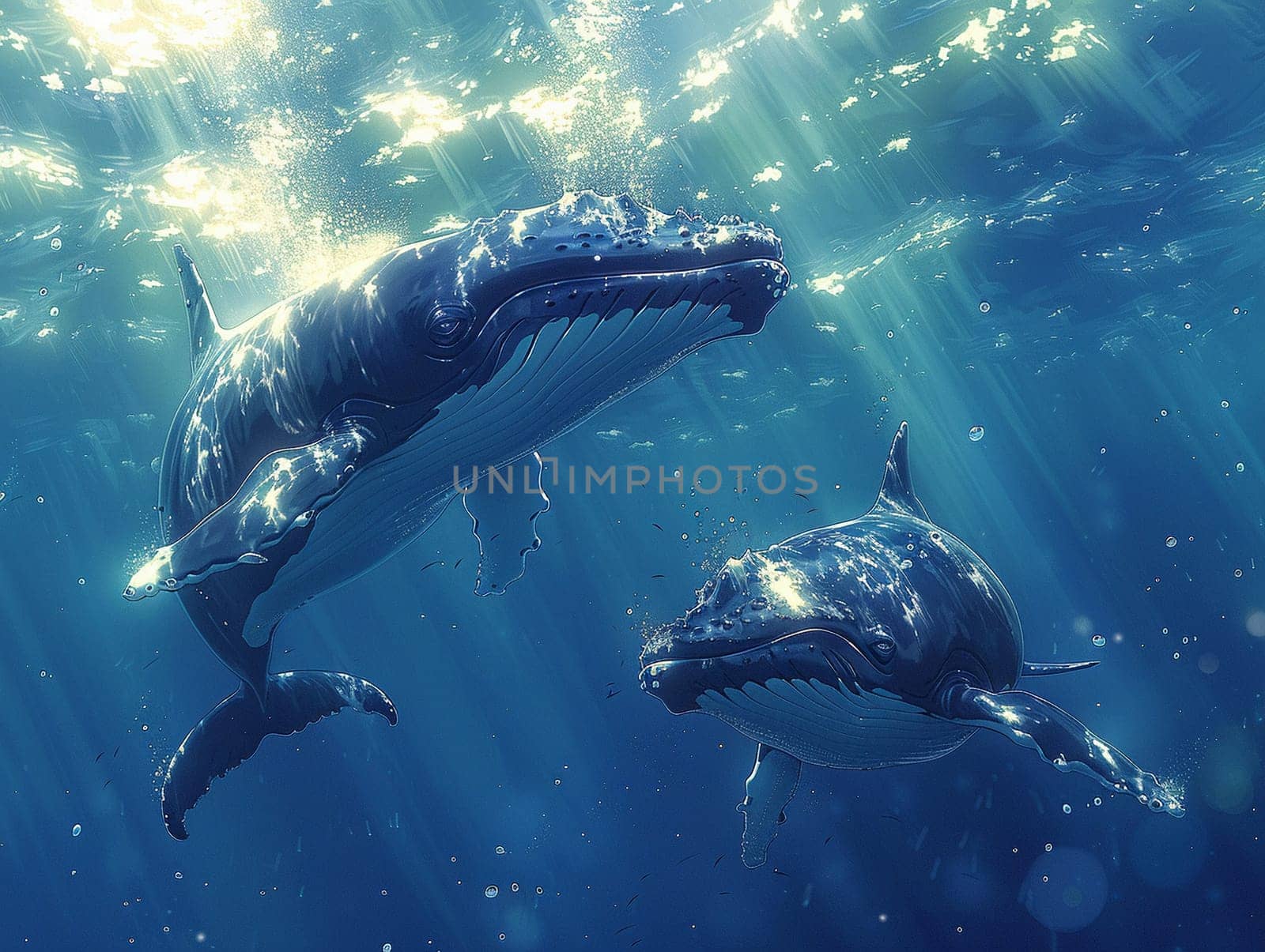 Whale migration under the ocean, beautifully illustrated in an anime style with light filtering through the water.