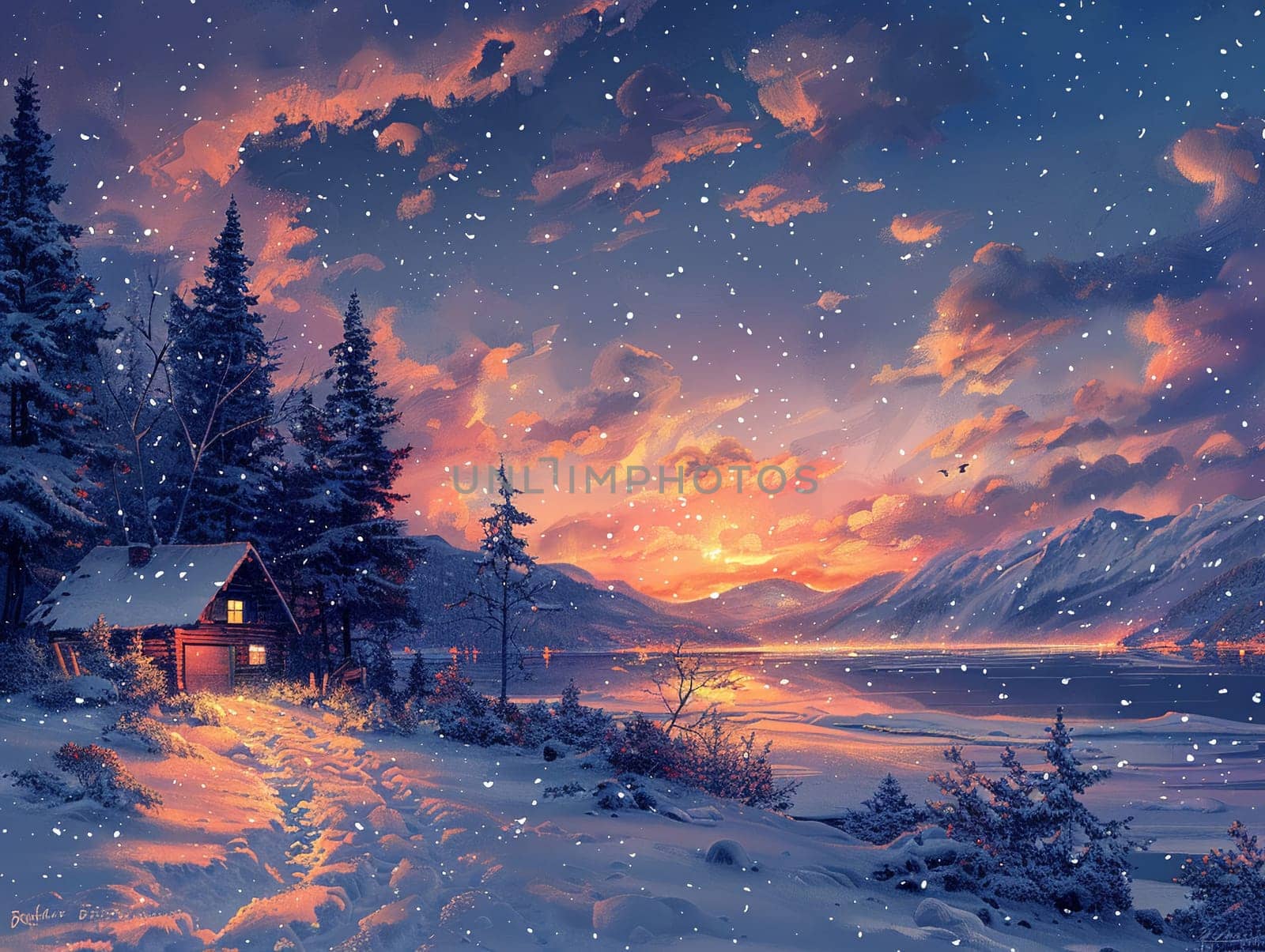Illustration of a cozy winter cabin in acrylics, drawing attention to the warmth and solitude in a snowy landscape.