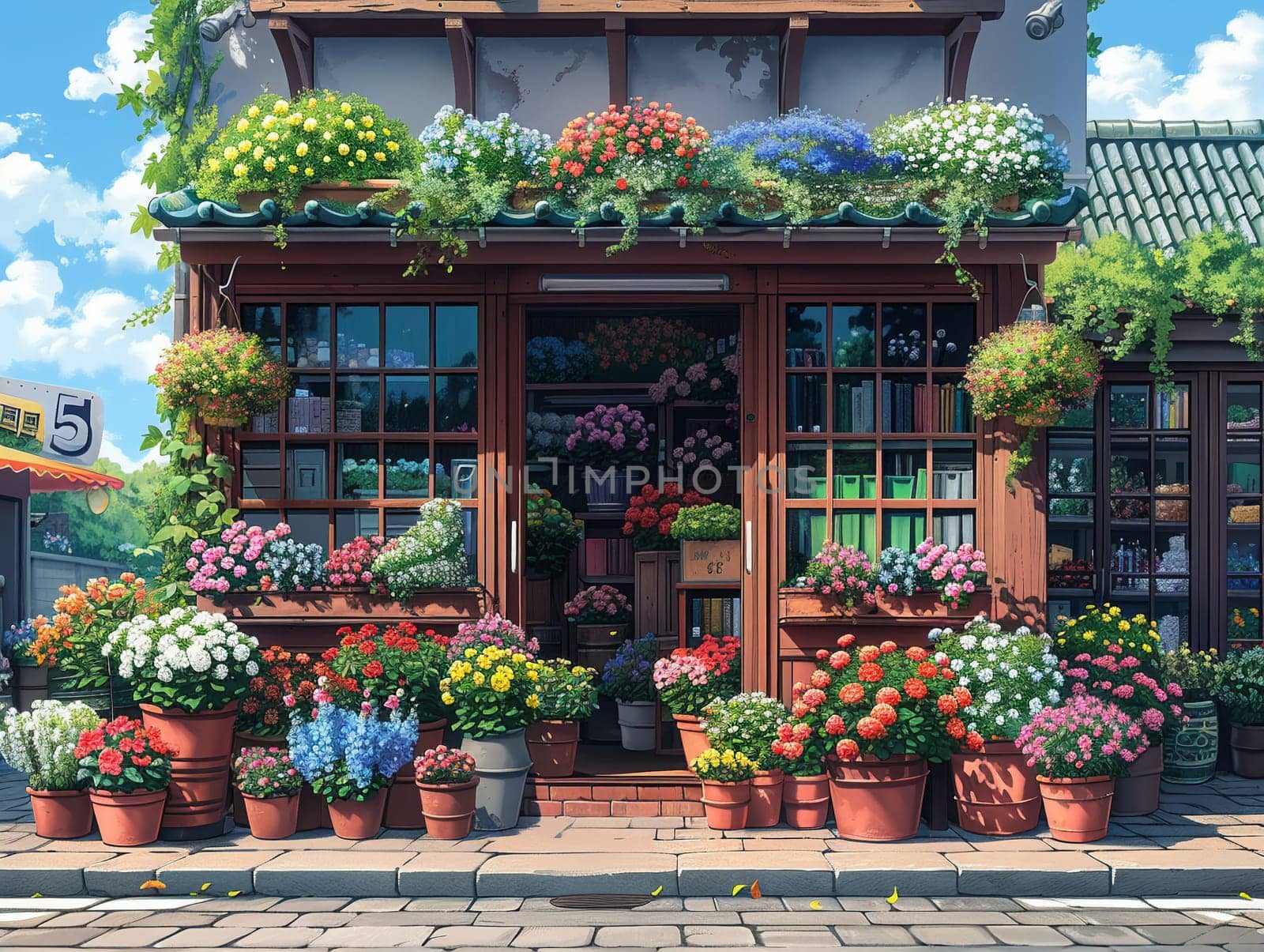 Flower shop on a sunny day, illustration with a welcoming vibe and a rainbow of colors.