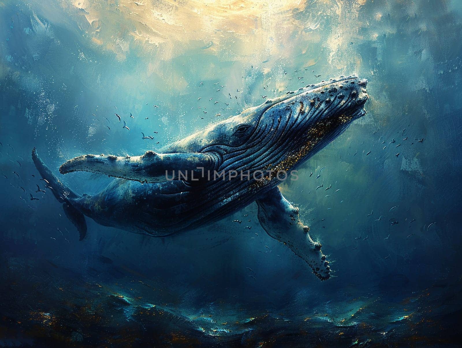 Whale diving into the depths, beautiful royalty-free painting capturing the majestic and serene underwater world.