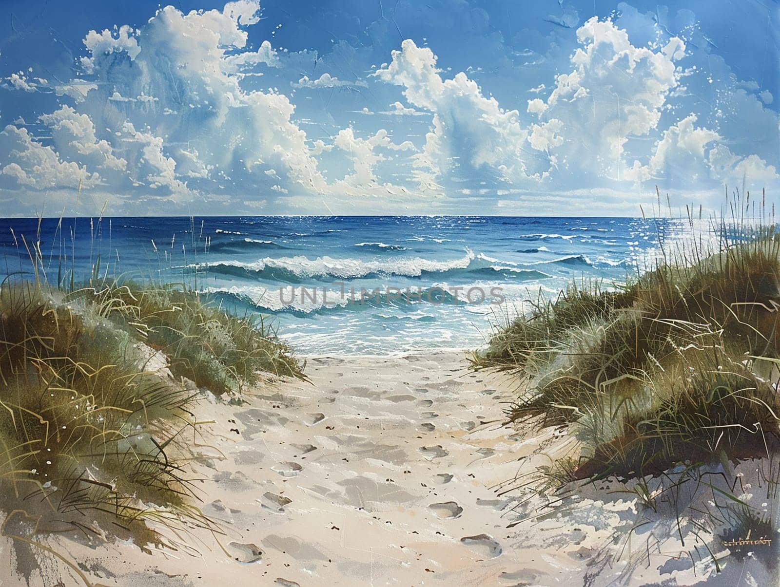 Drawing of a serene beach scene, illustrated in acrylics for a royalty-free painting.