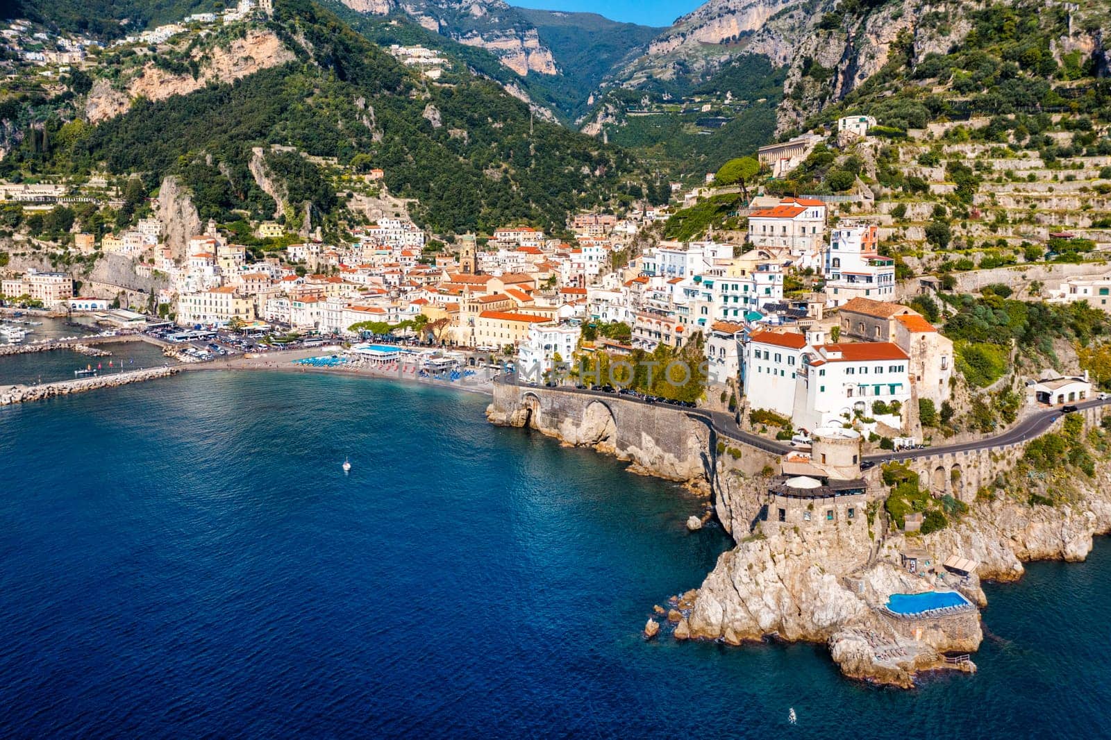 View of beautiful Amalfi town, Campania, Italy. Amalfi coast is most popular travel and holiday destination in Europe. Amalfi cityscape on coast line of mediterranean sea, Amalfi coast, Italy.