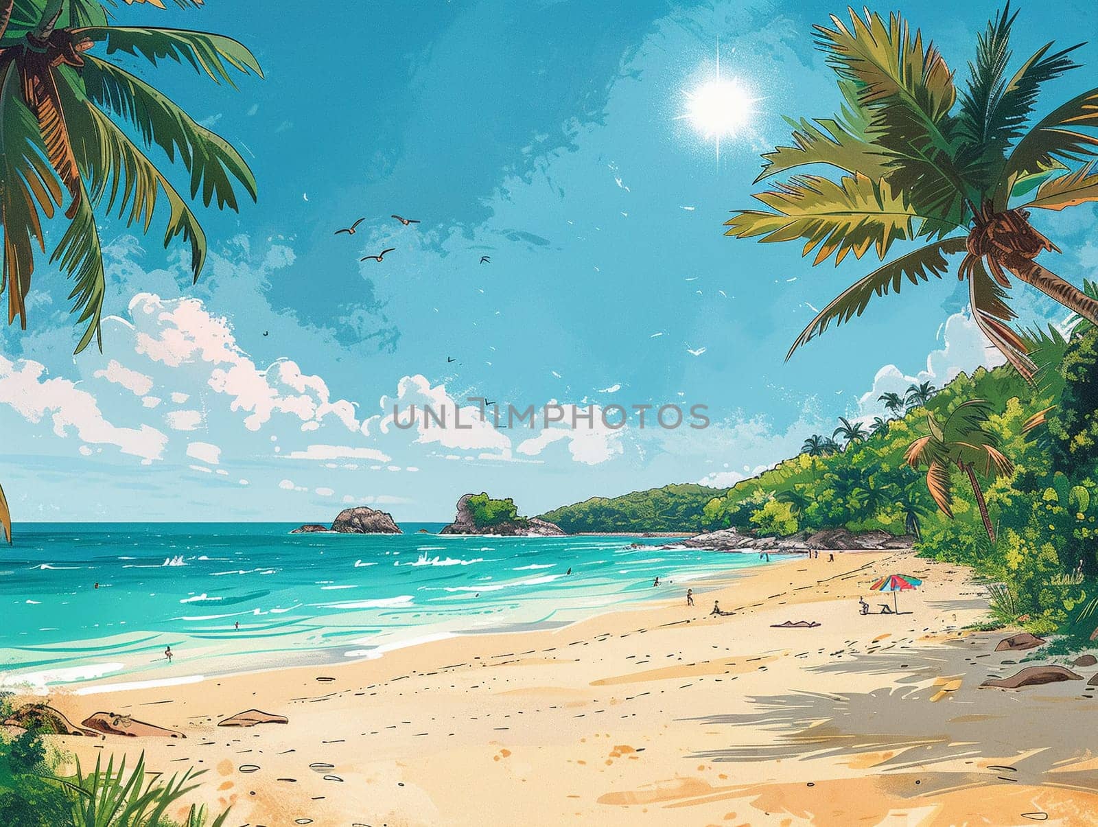 Cartoon illustration of a lively beach day, designed with cute characters and bright, sunny colors.