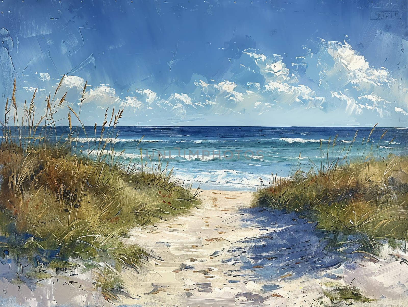 Drawing of a serene beach scene, illustrated in acrylics for a royalty-free painting.