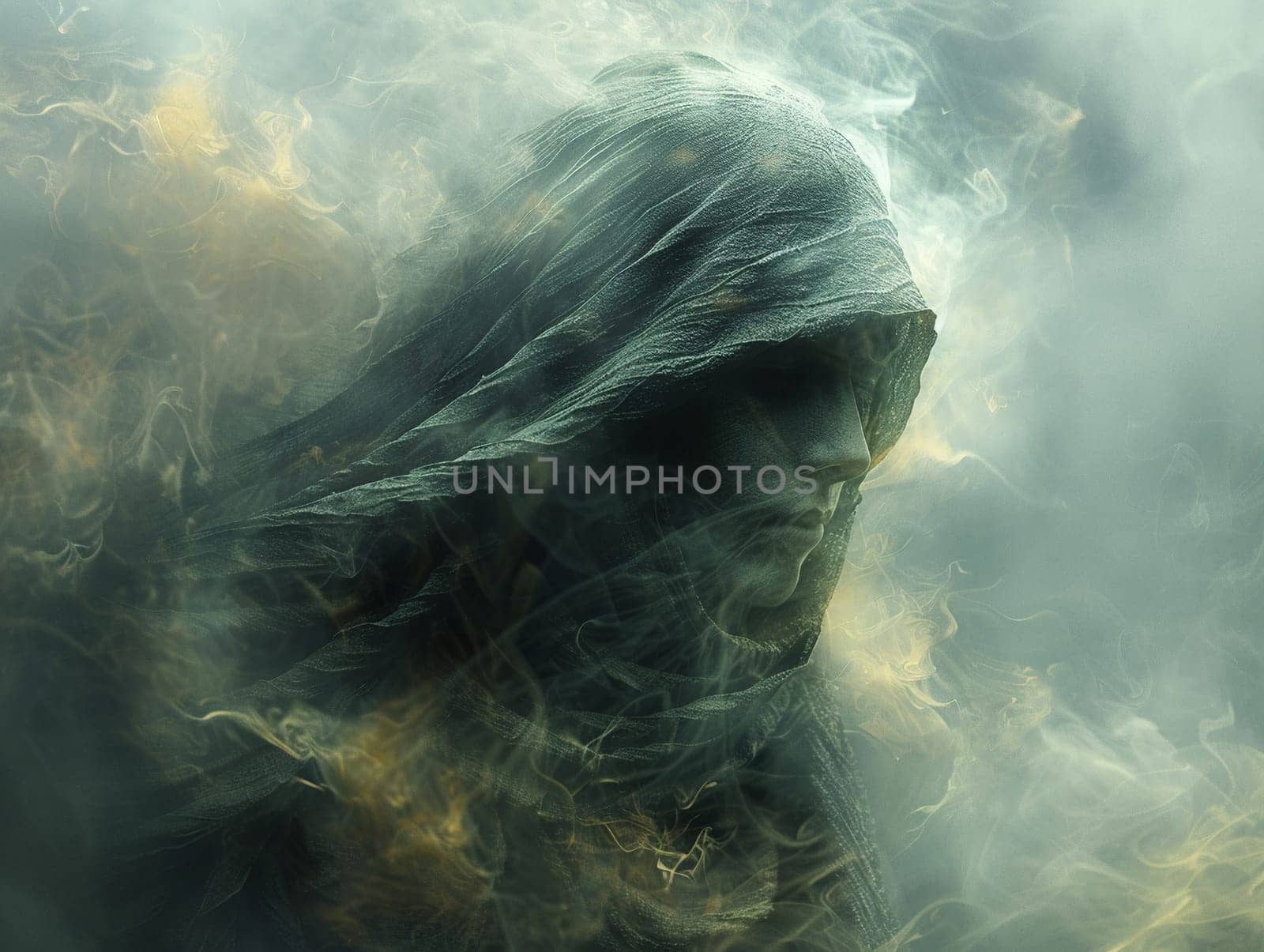 Digital art portrait of a mysterious figure cloaked in shadows, exquisite paintings with a dramatic flair.