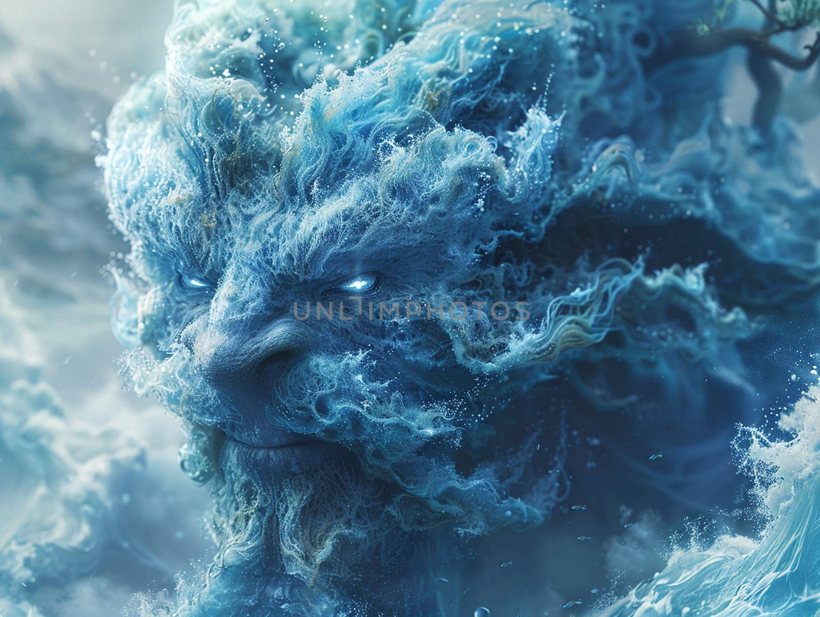 Water elemental creature, emerging from the sea in a stunning 3D illustrated style.