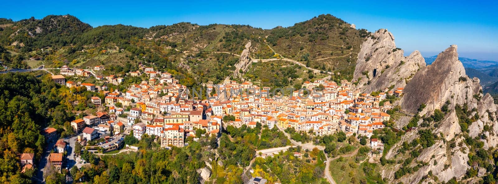 The picturesque village of Castelmezzano, province of Potenza, Basilicata, Italy. Cityscape aerial view of medieval city of Castelmazzano, Italy. Castelmezzano village in Apennines Dolomiti Lucane.