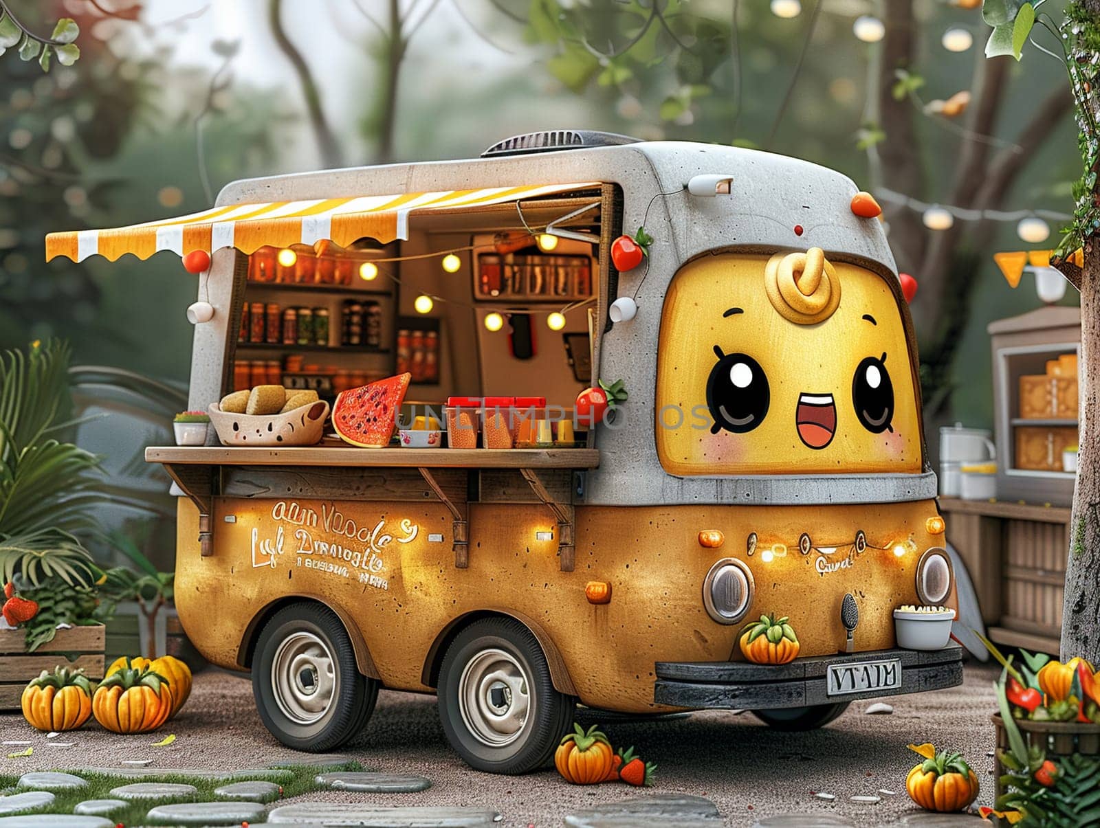 Food truck festival in cartoon style, designed with cute stock illustrations of diverse culinary offerings.