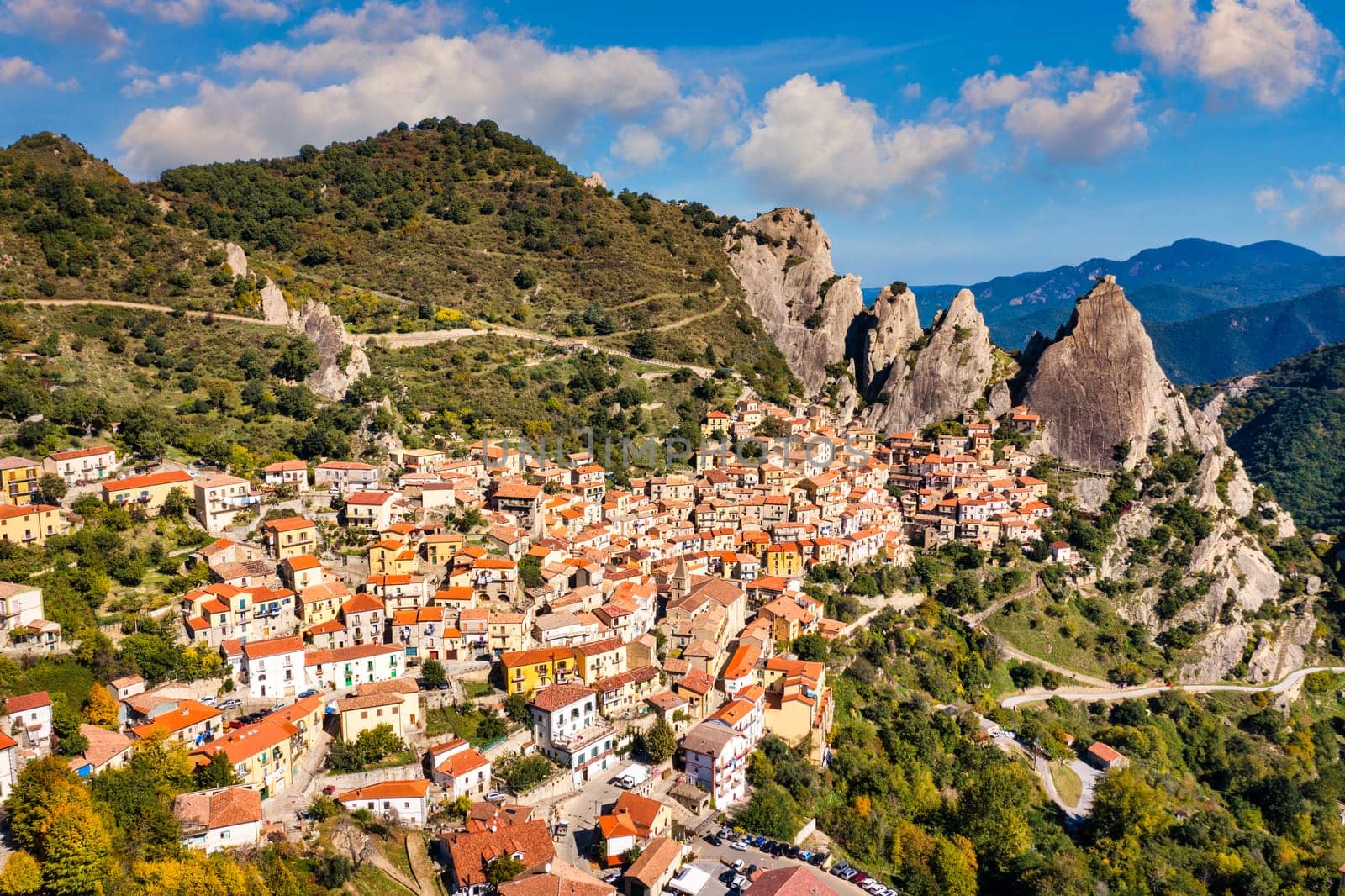 The picturesque village of Castelmezzano, province of Potenza, Basilicata, Italy. Cityscape aerial view of medieval city of Castelmazzano, Italy. Castelmezzano village in Apennines Dolomiti Lucane.