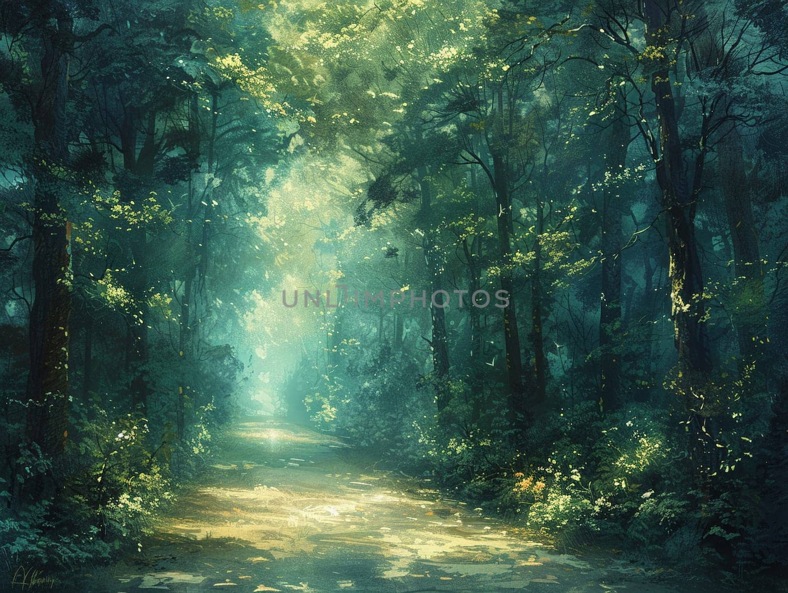 Acrylic painting of a serene forest by Benzoix