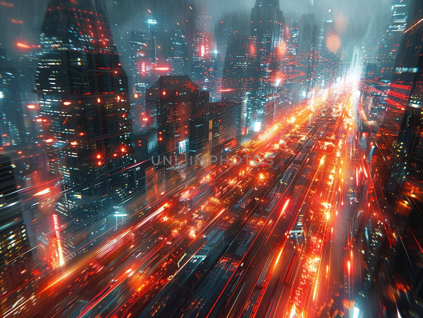 Electricity coursing through a futuristic city, illustration showing vibrant energy flows and technological advancements.