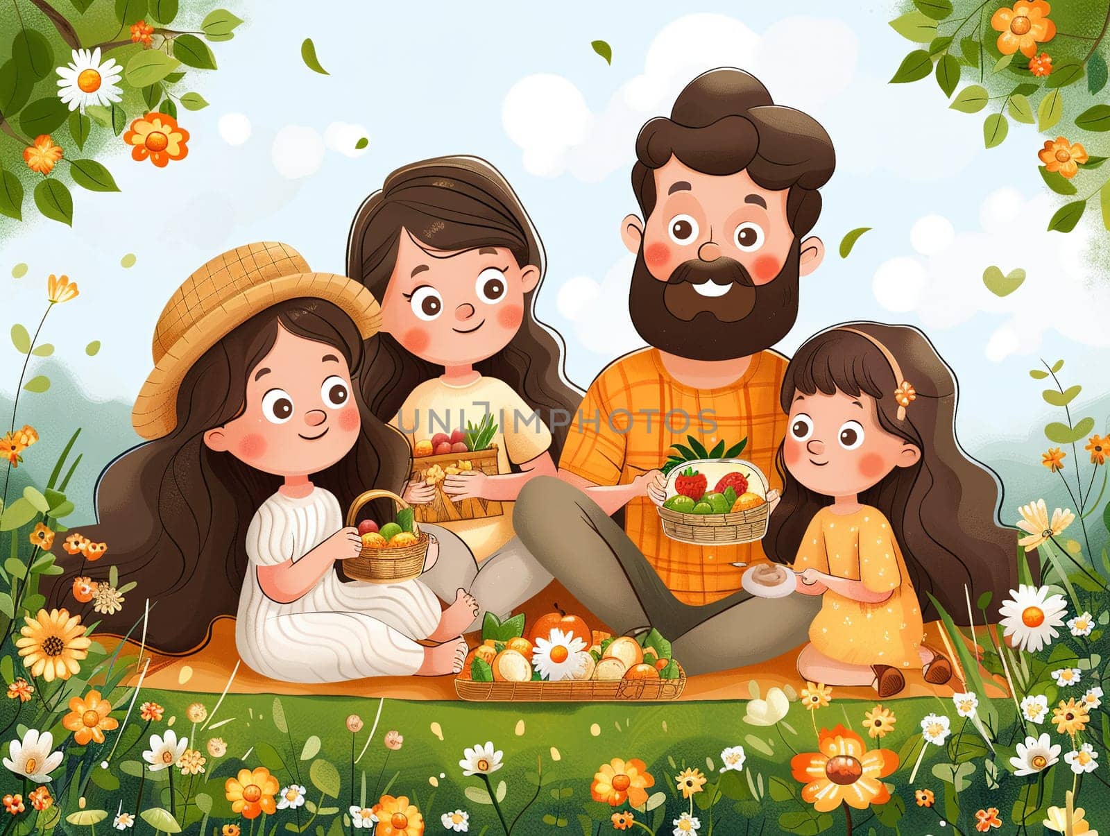 Cartoon family enjoying a picnic, designed with vibrant colors and joyful expressions.