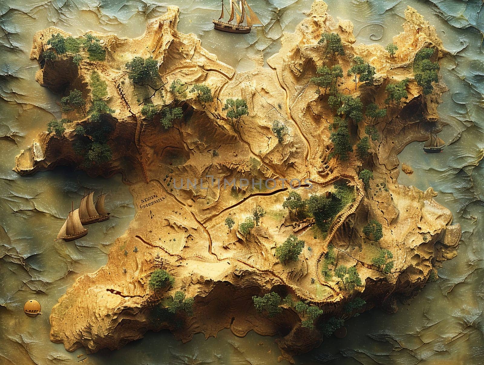 Map of a treasure island in a creative digital art style, with X marking the spot and adventurous trails.