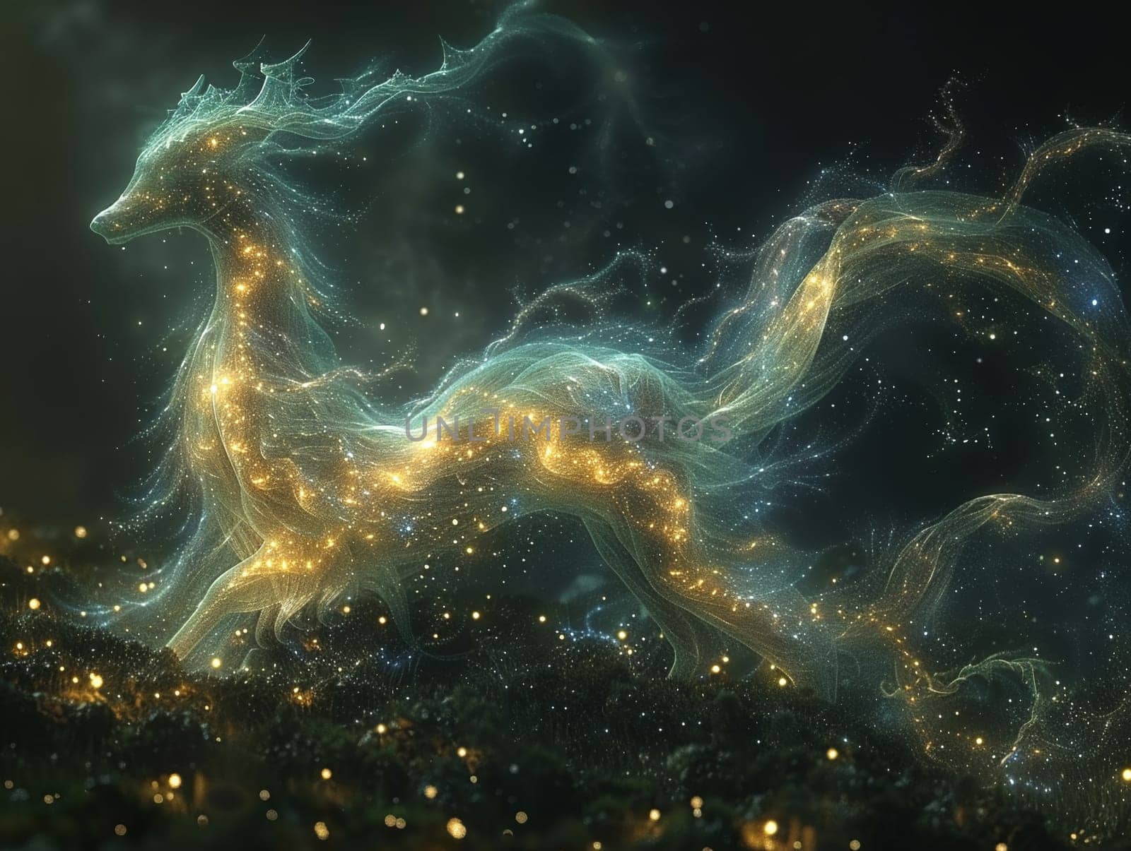 Star constellation forming a mythical creature, digitally created image with celestial elegance and mystique.