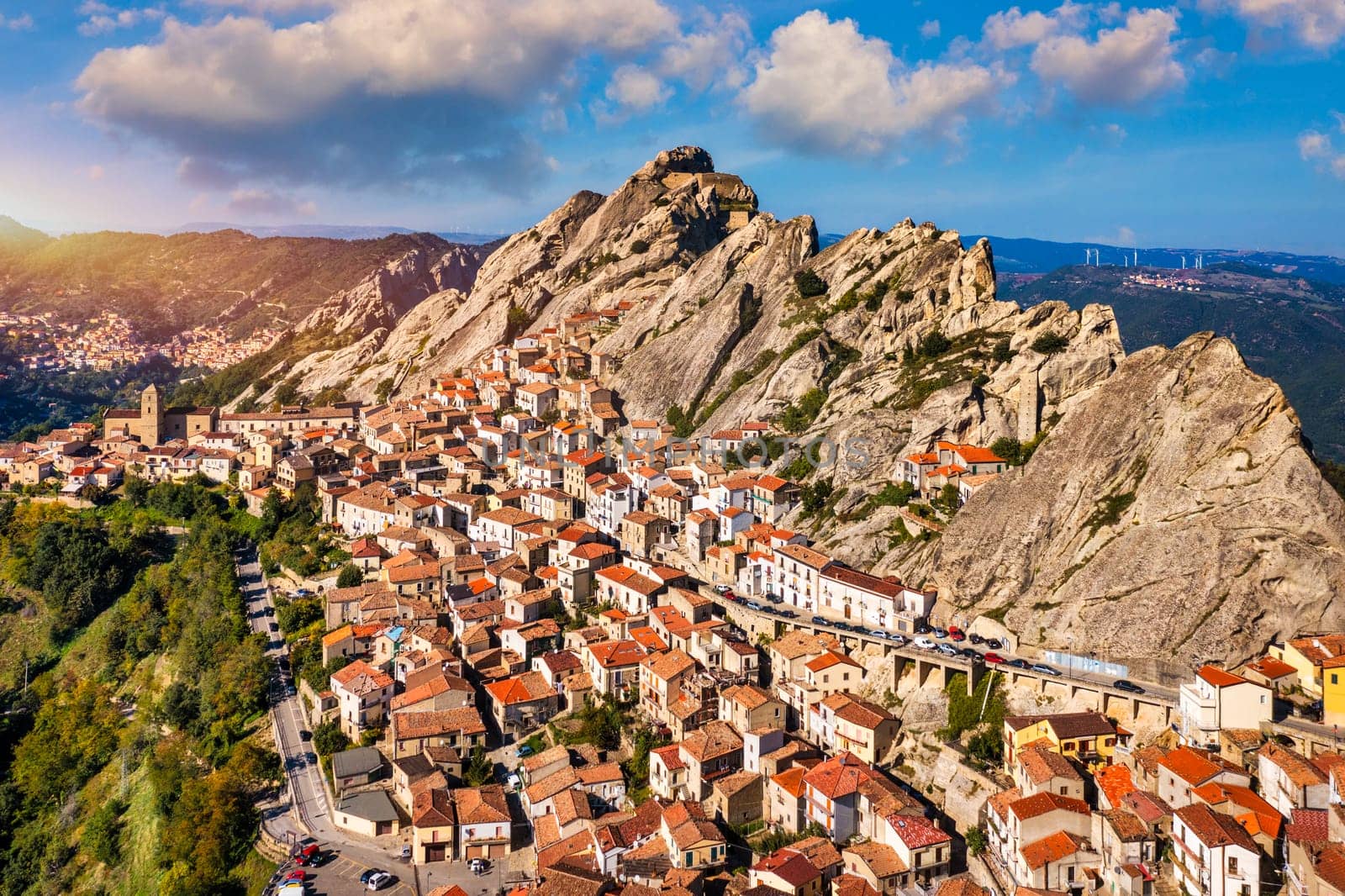 Cityscape aerial view of medieval city of Pietrapertosa, Italy. View of Pietrapertosa town in the Lucanian Dolomites in Italy. Pietrapertosa village in Apennines Dolomiti Lucane. Basilicata, Italy.