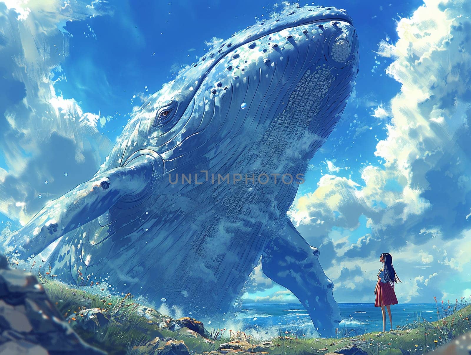 Whale watching excursion with anime characters, illustration showing awe and the majesty of marine life.