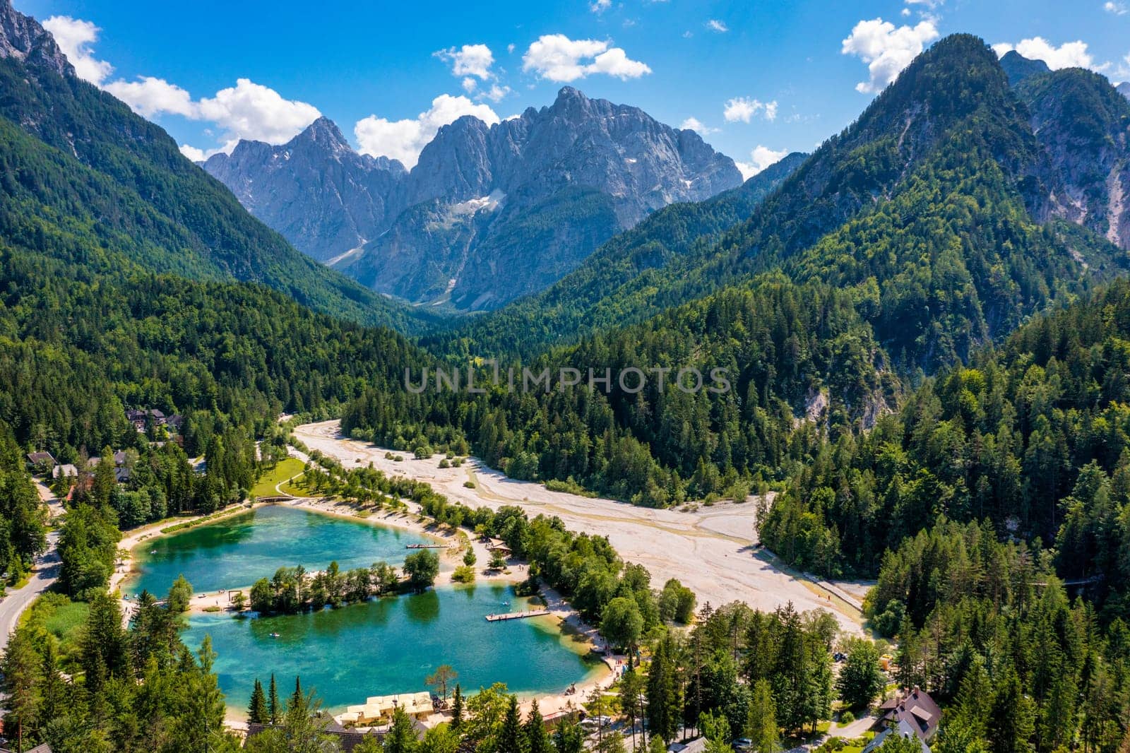 Great nature scenery in Slovenian Alps. Incredible summer landscape on Jasna lake. Triglav national park. Kranjska Gora, Slovenia. Mountain lake Jasna in Krajsnka Gora, Slovenia. 