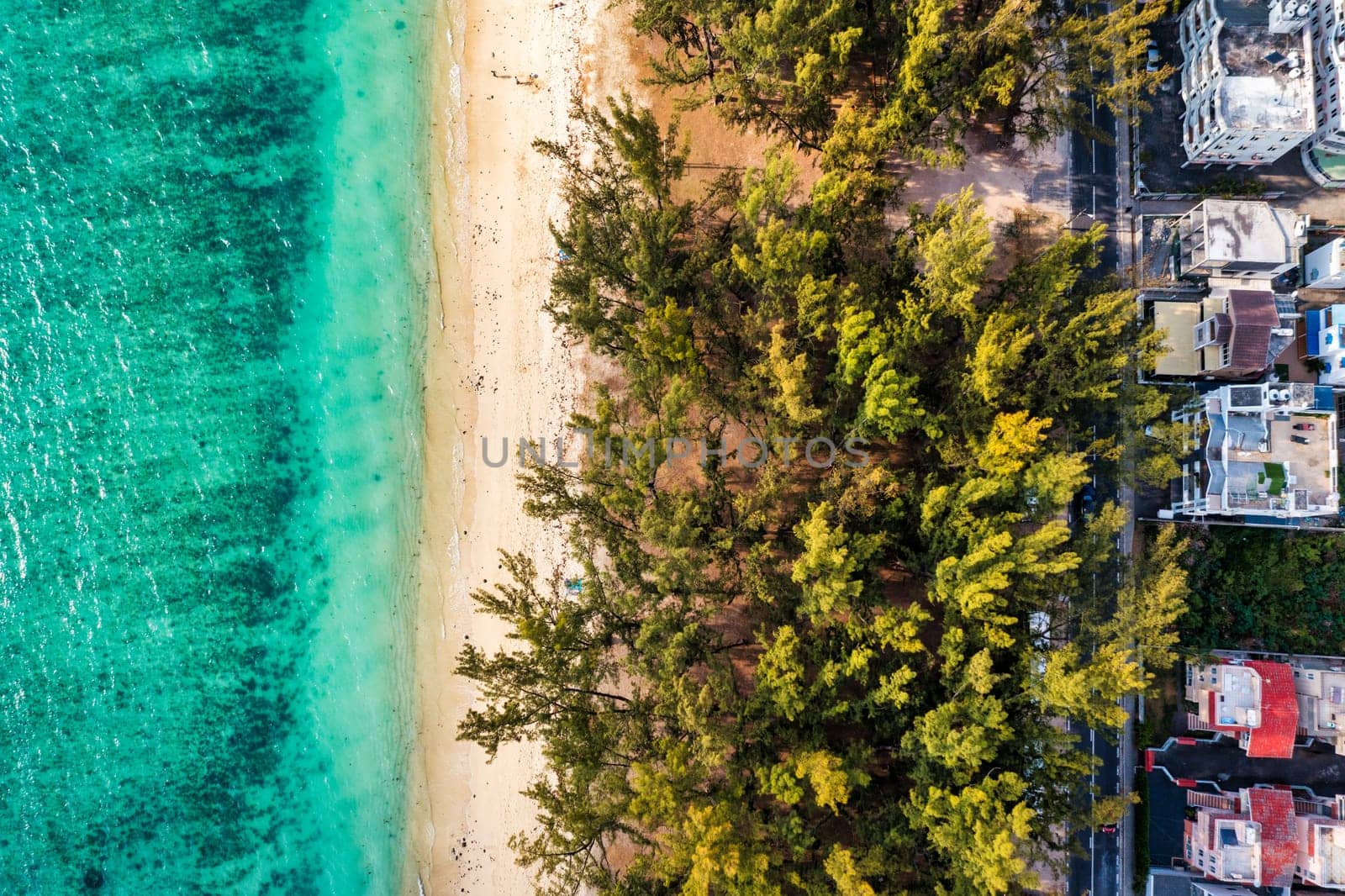 Beautiful Mauritius island with beach Flic en flac. Coral reef around tropical palm beach, Flic en Flac, Mauritius. Aerial view of a beautiful beach along the coast in Flic en Flac, Mauritius.