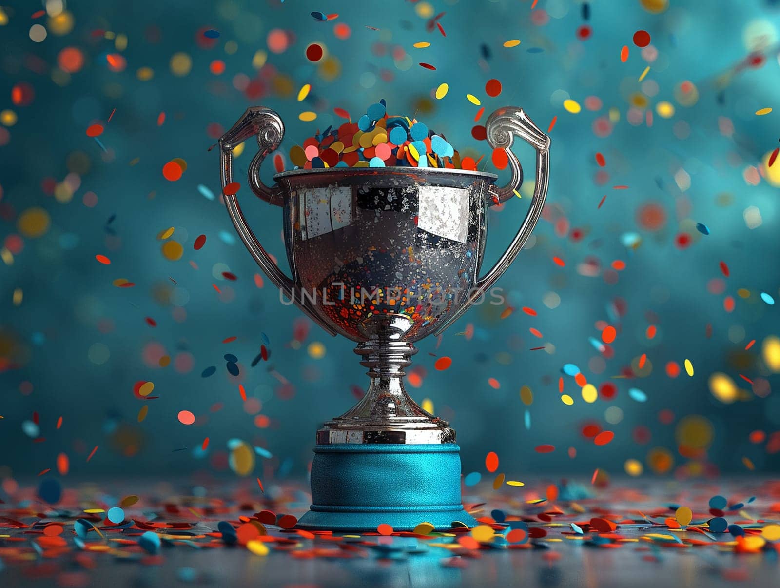 Sport championship trophy being lifted, illustration in 3D style with realistic textures and celebratory confetti.