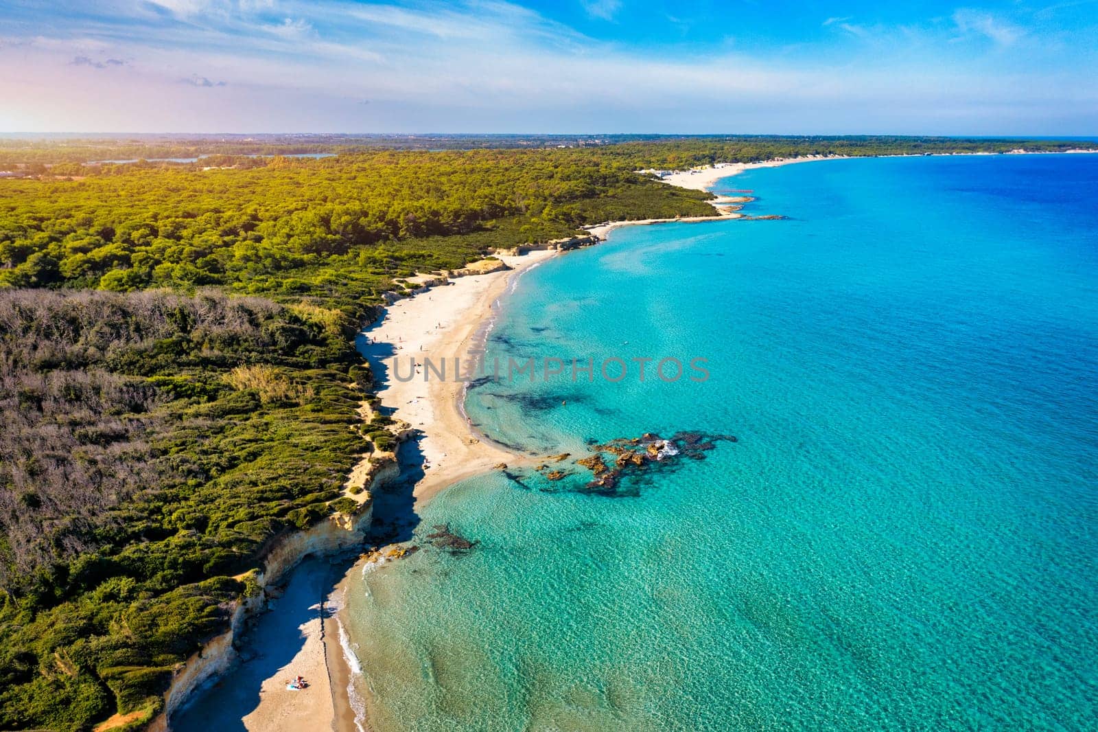 Aerial view of Baia dei Turchi, Puglia region, Italy. Turkish Bay (or Baia dei Turchi), this coast of Apulia is one of the most important ecosystems in Salento, Italy. Seacoast of Baia dei Turchi.