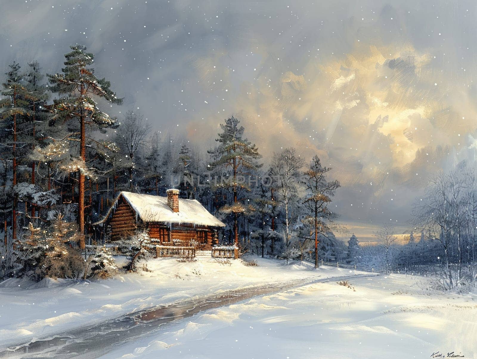 Illustration of a cozy winter cabin in acrylics, drawing attention to the warmth and solitude in a snowy landscape.