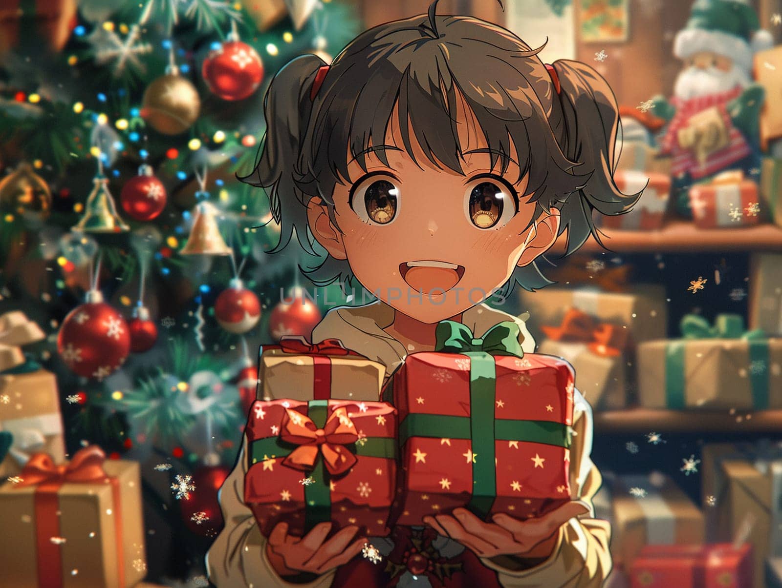 Christmas morning unwrapping gifts, anime illustration capturing joy and surprise.