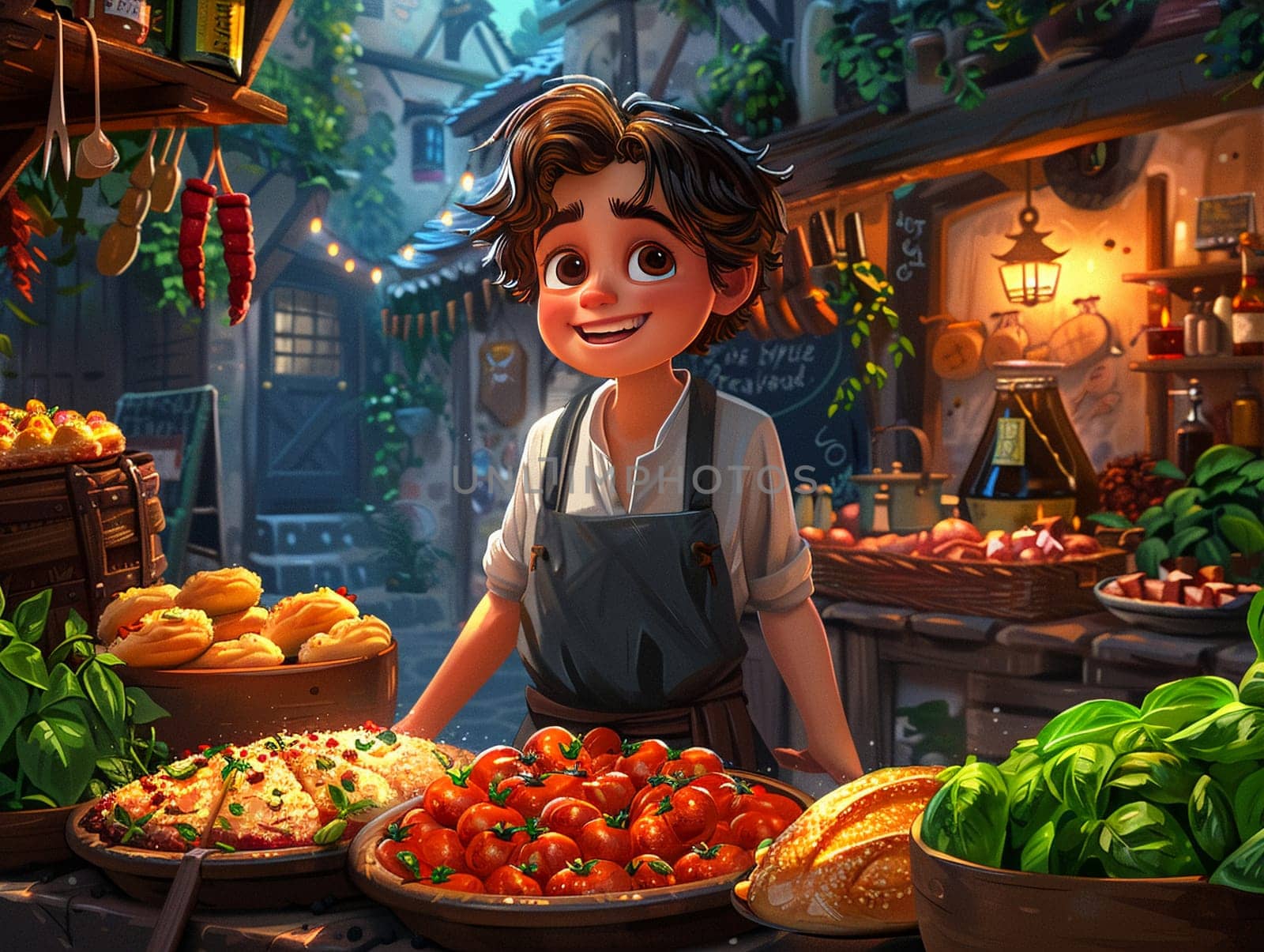 Foodie adventure in a magical realm, cartoon style featuring fantastical dishes and culinary quests.