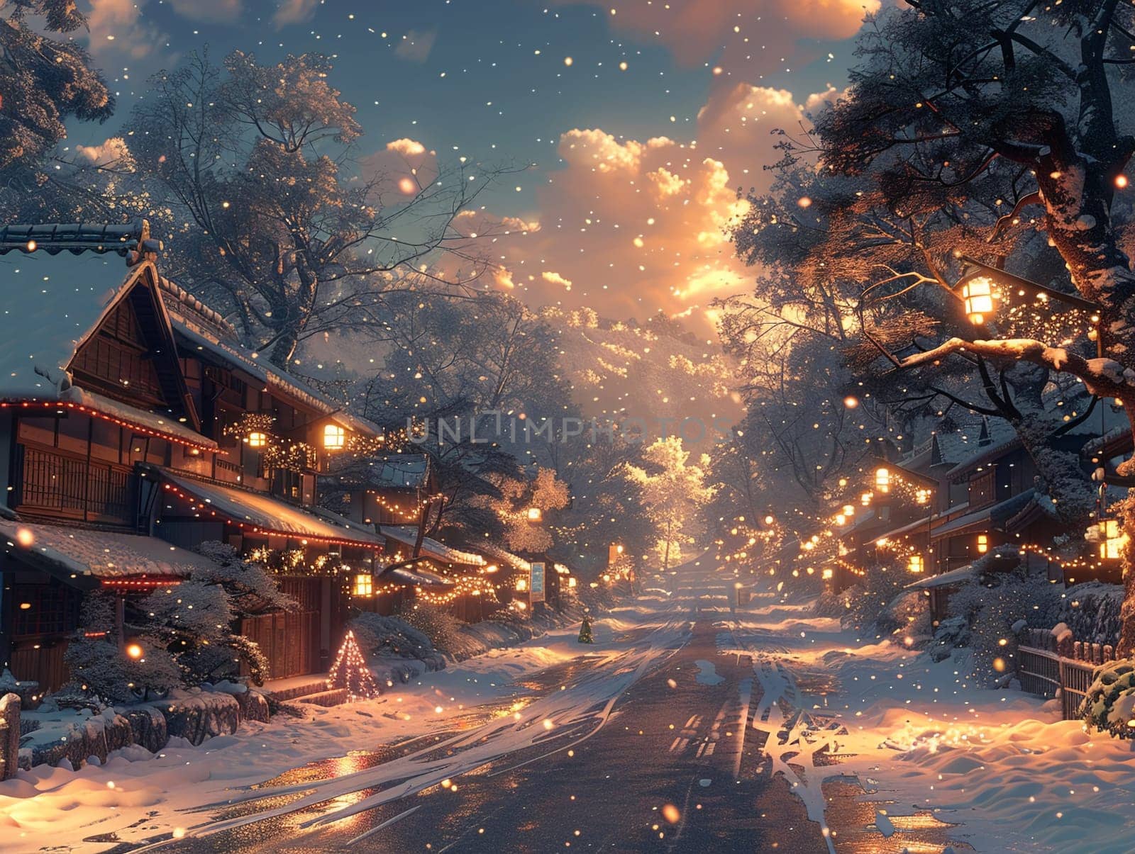 Christmas scene in a cozy anime town filled with warmth by Benzoix