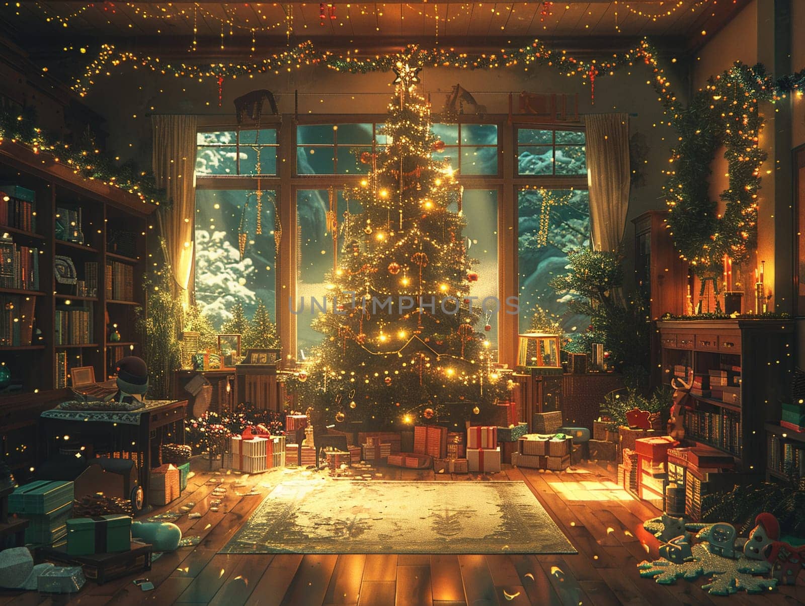 Christmas Eve in a cozy anime household, with warm lights and a sense of togetherness.