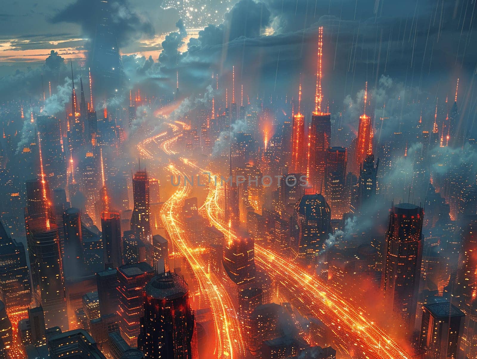 Electricity coursing through a futuristic city, illustration showing vibrant energy flows and technological advancements.