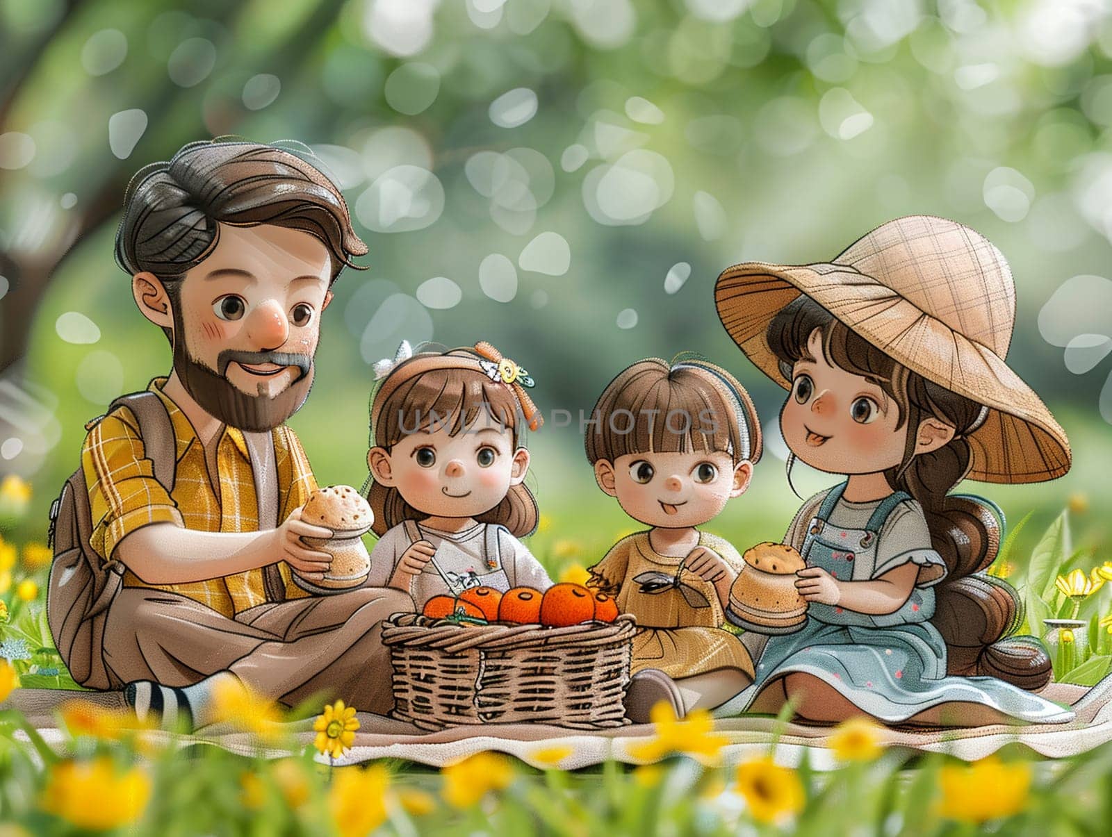 Cartoon family enjoying a picnic in the park, designed with bright colors and happy expressions.