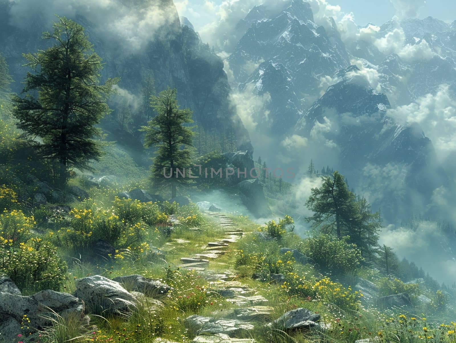 Photoshop montage of a fantasy landscape, blending natural and digital elements.