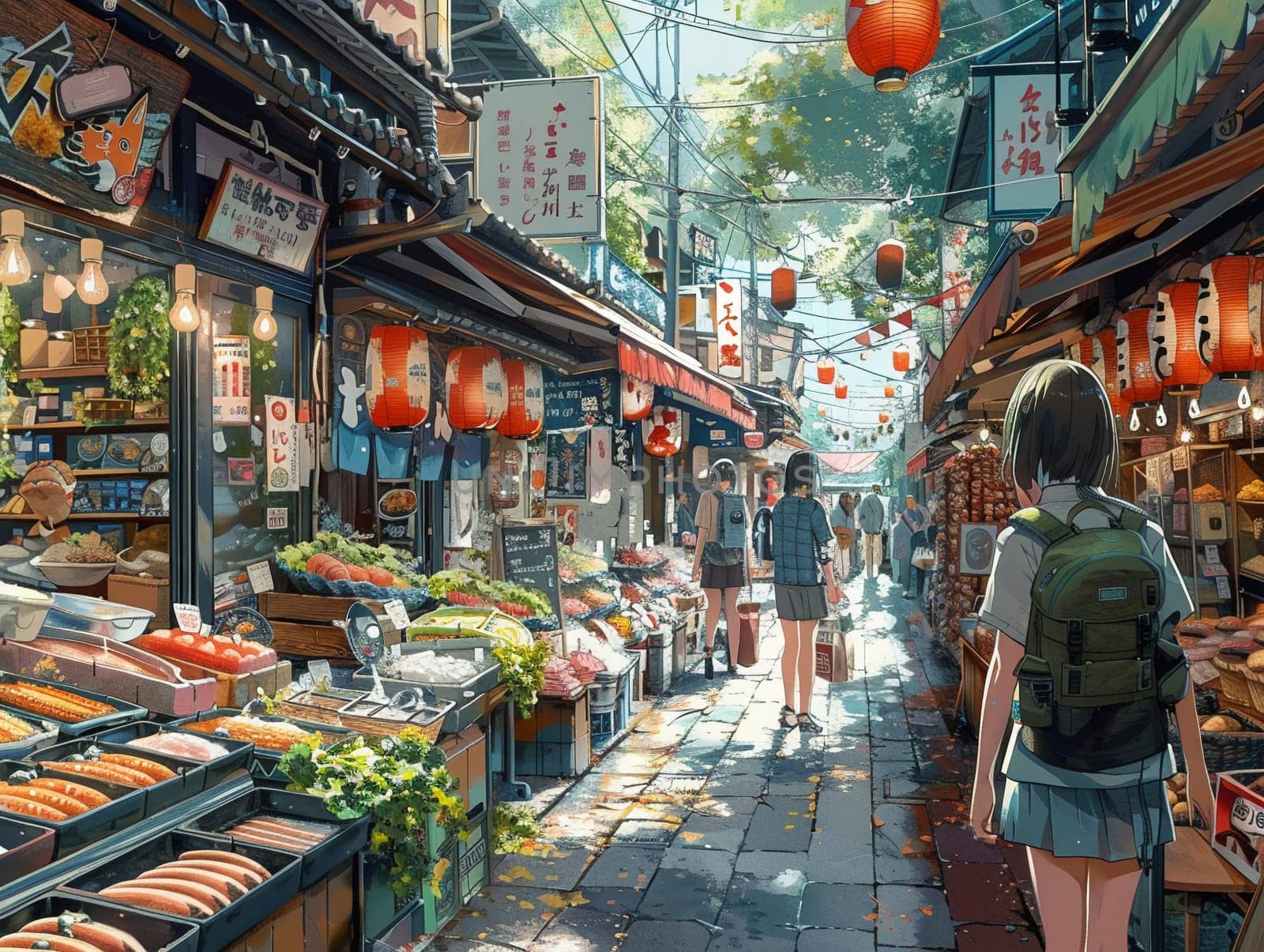 Food market bustling with anime characters by Benzoix