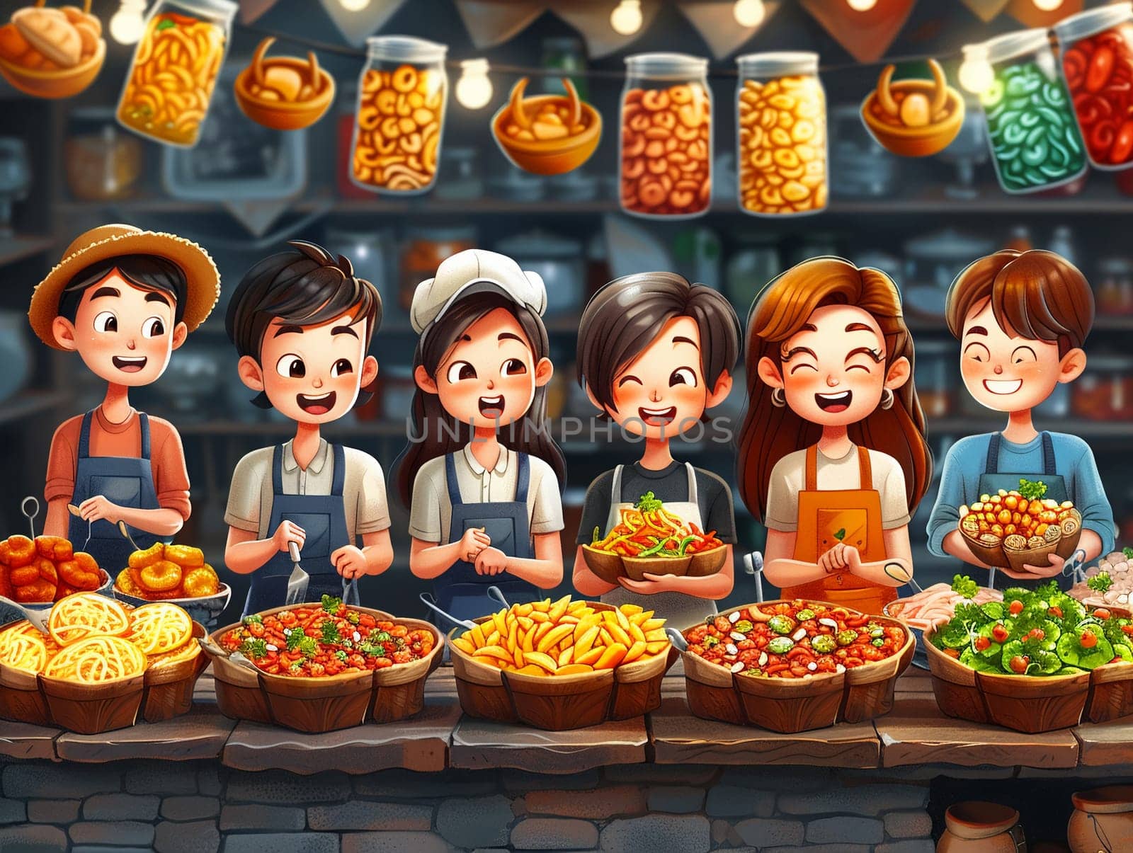 Food festival in cartoon style, designed with cute stock illustrations of delicious dishes and happy visitors.