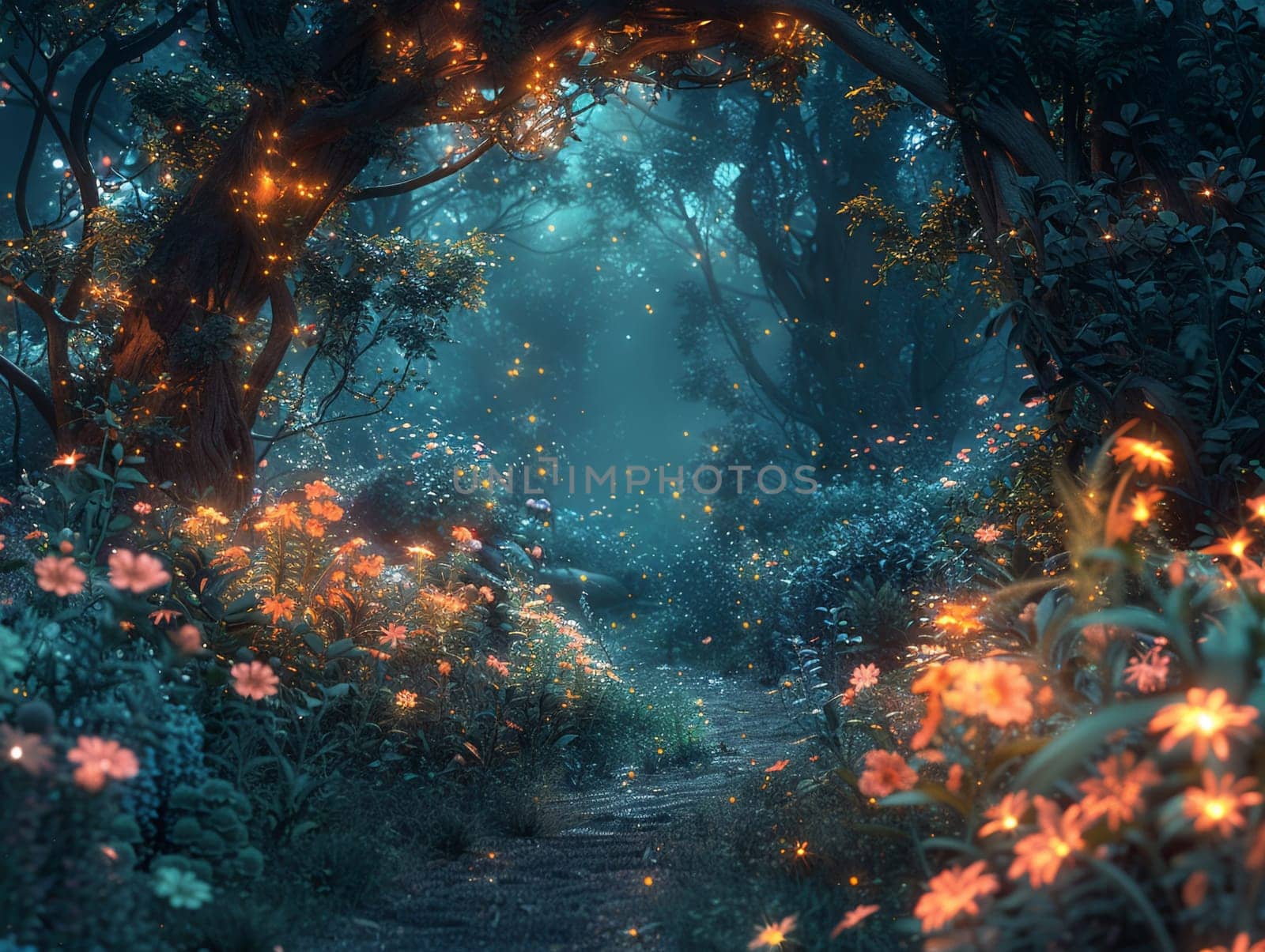 Digitally created whimsical forest scene in Photoshop, featuring magical creatures and glowing flora.